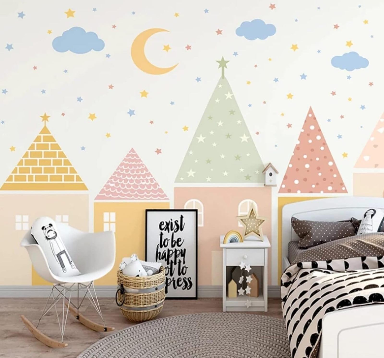 Wallpaper-3D-Xlm 300Cm×210Cm(B×H) Hand Drawn Stars Moon And Cartoon Houses 3D Wallpaper Easy Install Feature Office Living Room Sofa Bedroom Tv Background Wall Decoration-300Cm×210Cm