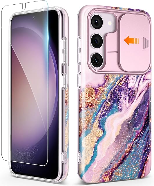 GVIEWIN Etui kompatybilne z Samsung Galaxy S23 z zasuwką ochronną na aparat, folia ochronna na wyświetlacz, [ochrona wojskowa 10FT SGS, marmur, odporne na zarysowania, uderzenia, etui ochronne 5G 6,1" 2023, Dreamland River/fioletowe