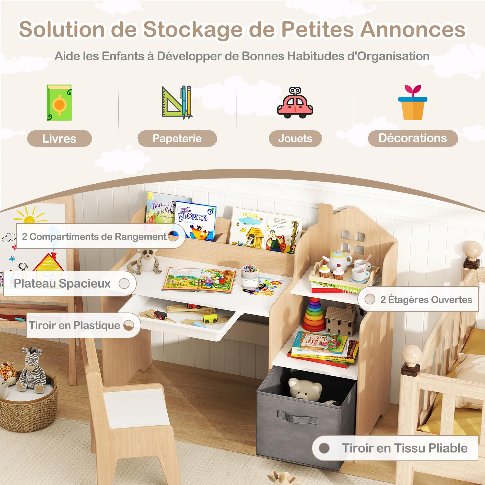 GOPLUS Bureau Enfant Fille Garçon en Forme de Maison, Table Enfant avec Chaise Ergonomique, Bureau d'Étude avec Rangement, Étagère et Tiroirs, pour Chambre et Maternelle (Naturel)