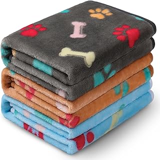 Luciphia 1 Pack 3 Blankets Fluffy Premium Fleece Pet Blanket Flannel Paw Printed Throw for Dog Cat(Small 23x16'', Grey/Brown/Blue)