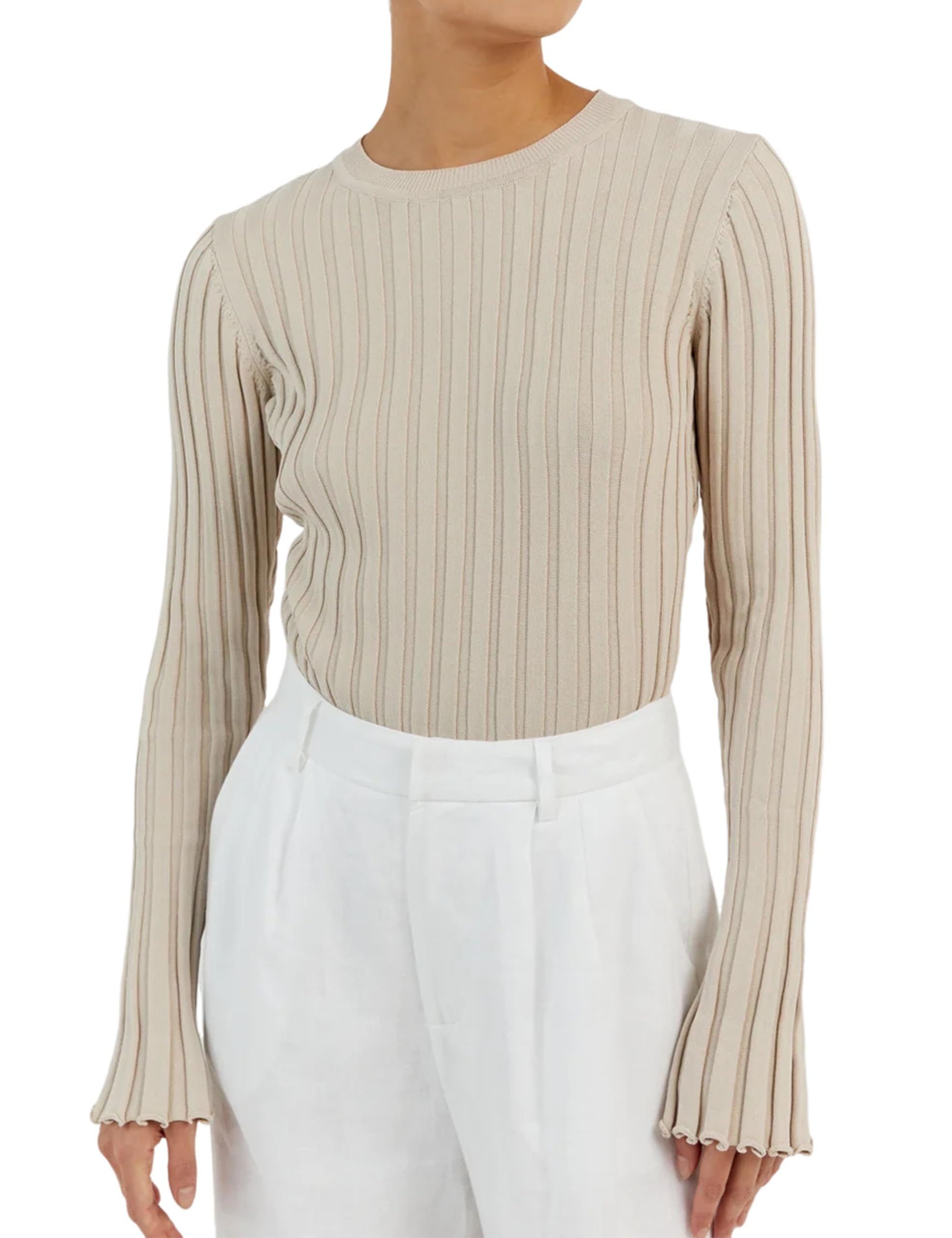 SAFRISIORWomen Basic Crew Neck Long Sleeve Sweater Pullover Ribbed Knit Slim Fit Ruffle Trim Jumper Top Shirt Tees