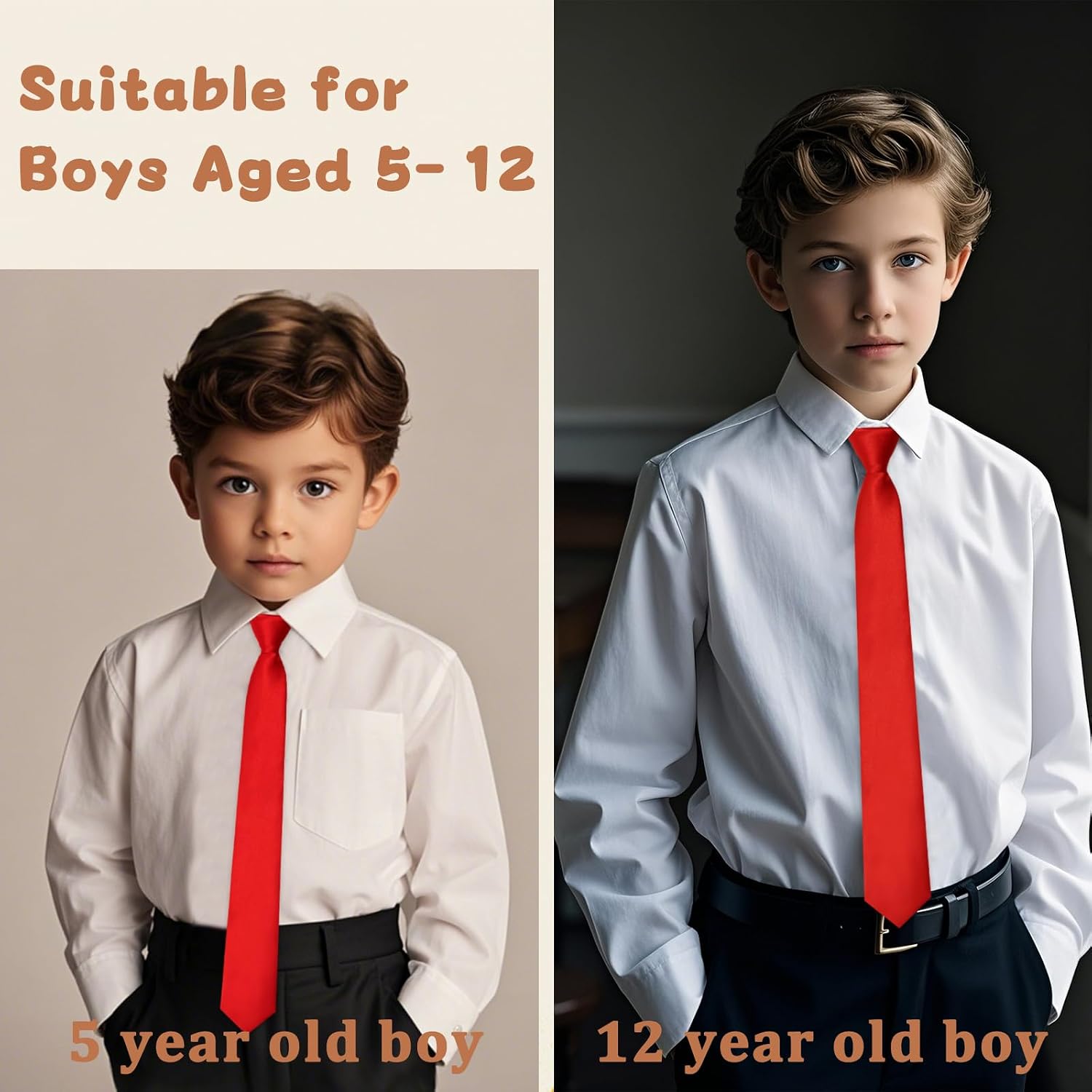 Adjustable Pre-tied Ties for Boys Kids, Zipper Boys Tie for School Wedding Party Graduation Uniforms Formal Banquet (Red)