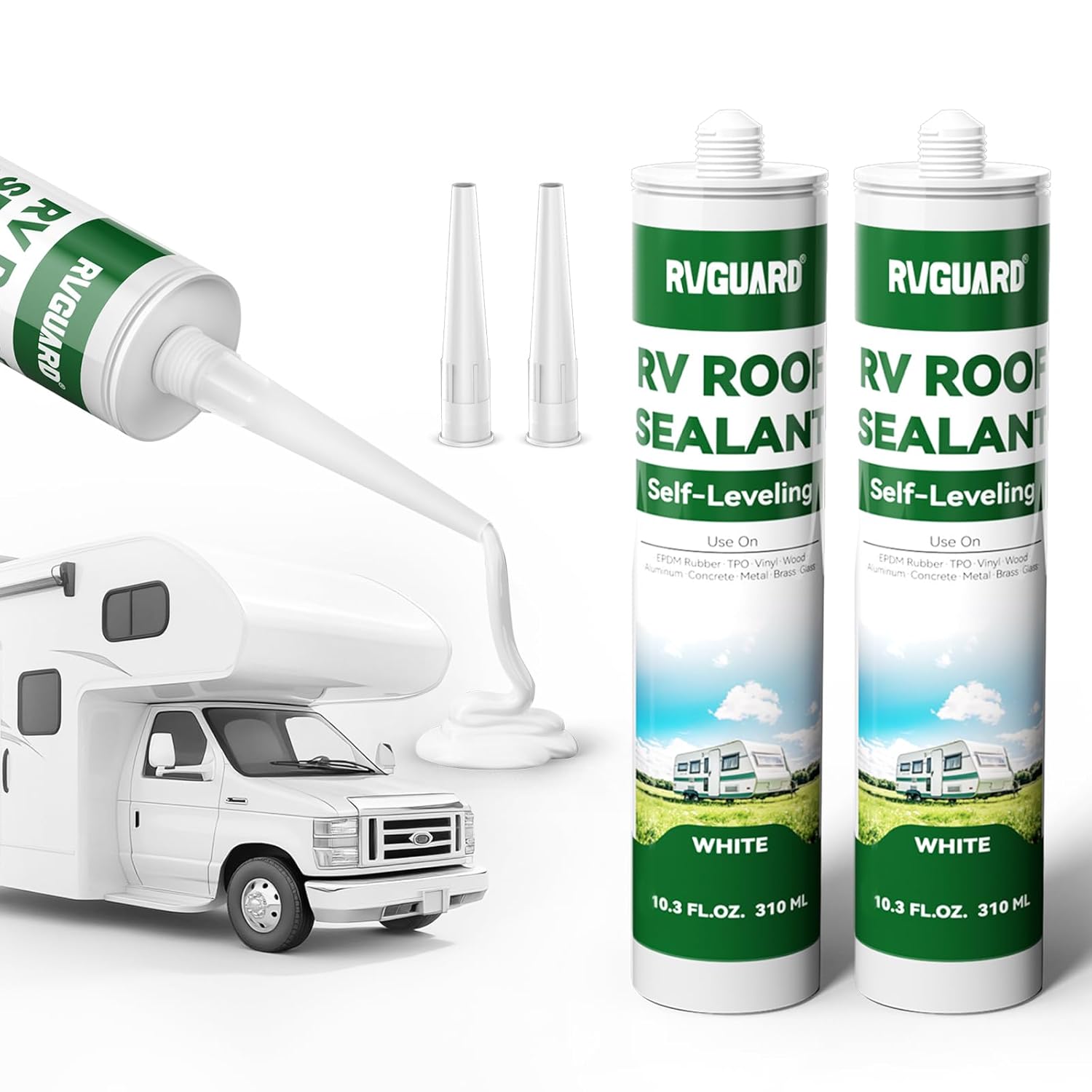 RVGUARD RV Roof Sealant, Self-Leveling Lap Sealant, Flexible RV Caulk Sealant for RV, Camper, Trailer, and Motorhome Roof Repair, White(2 Pack)