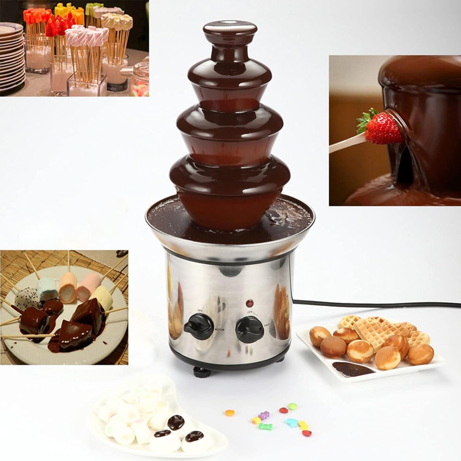 4 Tier DIY Electric Chocolate Fountain Machine, Stainless Steel 1.8kg Capacity Hot Chocolate Fondue Fountain Machine Waterfall, Perfect for Nacho Cheese, BBQ Sauce, Ranch