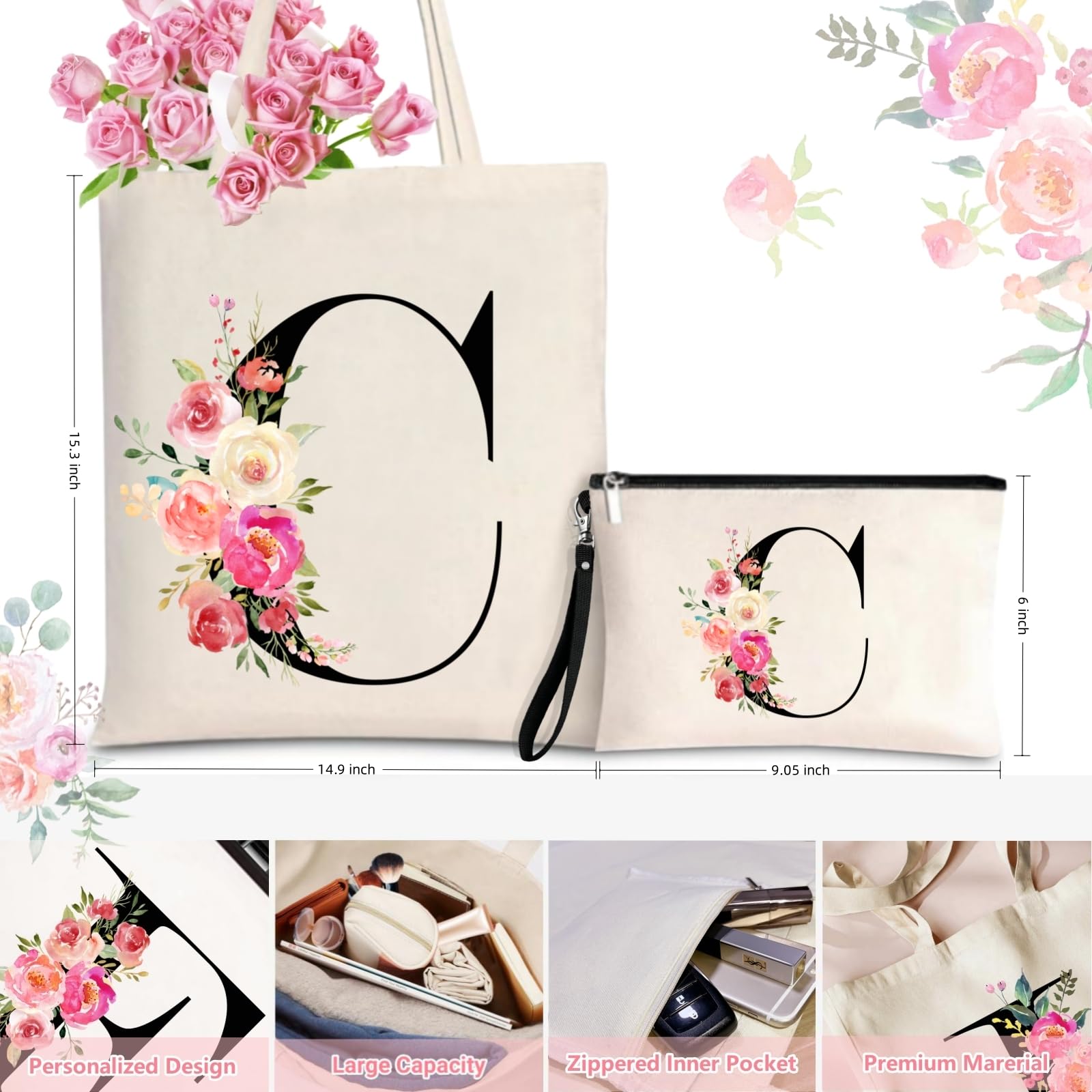 Initial Canvas Tote Bag for Women, Personalized Monogrammed Tote Bags with Makeup Gift Bag for Wedding Bridesmaids Birthday