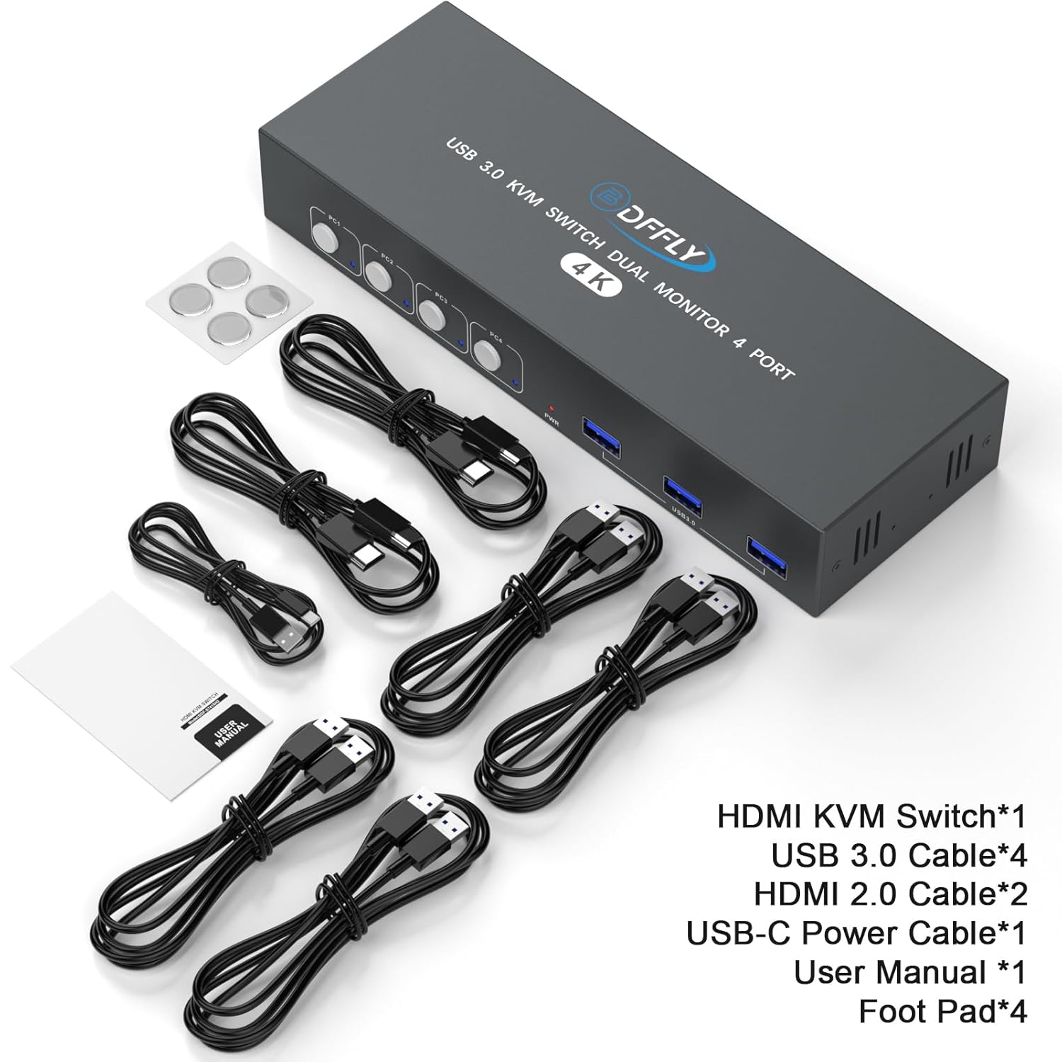 USB3.0 Switch HDMI Kvm Switch 4 Computers 2 Monitors with 3 USB Ports, 4K@60Hz for 4 Computers Sharing 2 Monitors and Keyboard Mouse, Supports Button Control, EDID Compatible