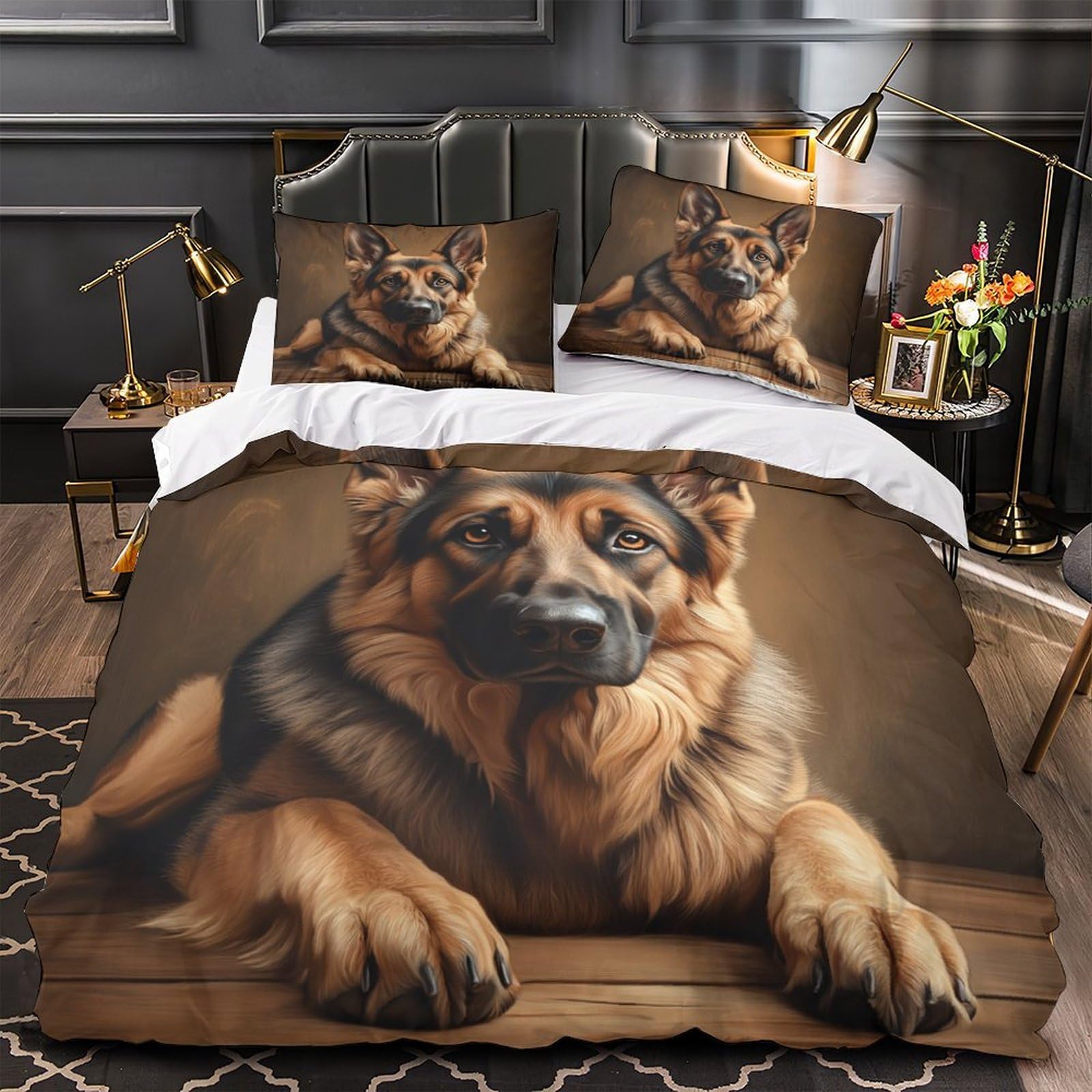 Housse de couette Berger Allemand 3D 220x240 cm avec 2 taies d'oreiller en microfibre pour lit King