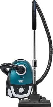 Bestron Vacuum Cleaner with Bag, Floor Vacuum Cleaner incl. 3 Vacuum Bags, 94 cm Telescopic Rod and Switchable Floor Nozzle, 7.5 m Range, Washable HEPA12 & Micro Filter, Colour Blue/Black