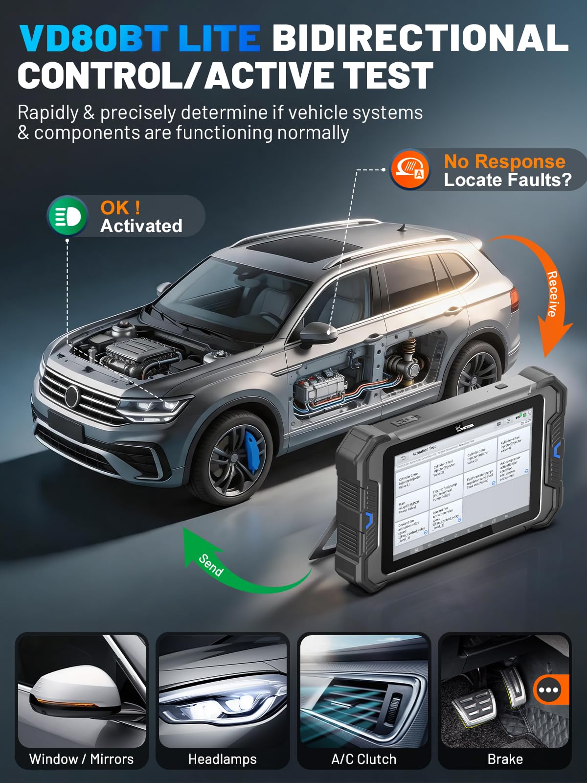Valise Diagnostic Auto VDIAGTOOL VD80BT Lite, OBD2 Diagnostic Voiture Bidirectionnel et 28+ réinitialisations, Boitier OBD Complet du Système FCA Can FD et DoIP, ECU Codage, Màj Gratuite 2 Ans