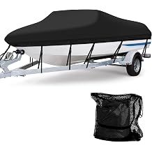 17-19 ft Waterproof Boat Cover - Heavy Duty 600D Polyester Oxford All Weather Protection Bass Runabout Boat Cover, Durable and Trailerable, Fit for Fishing Boat V-Hull TRI-Hull | Black
