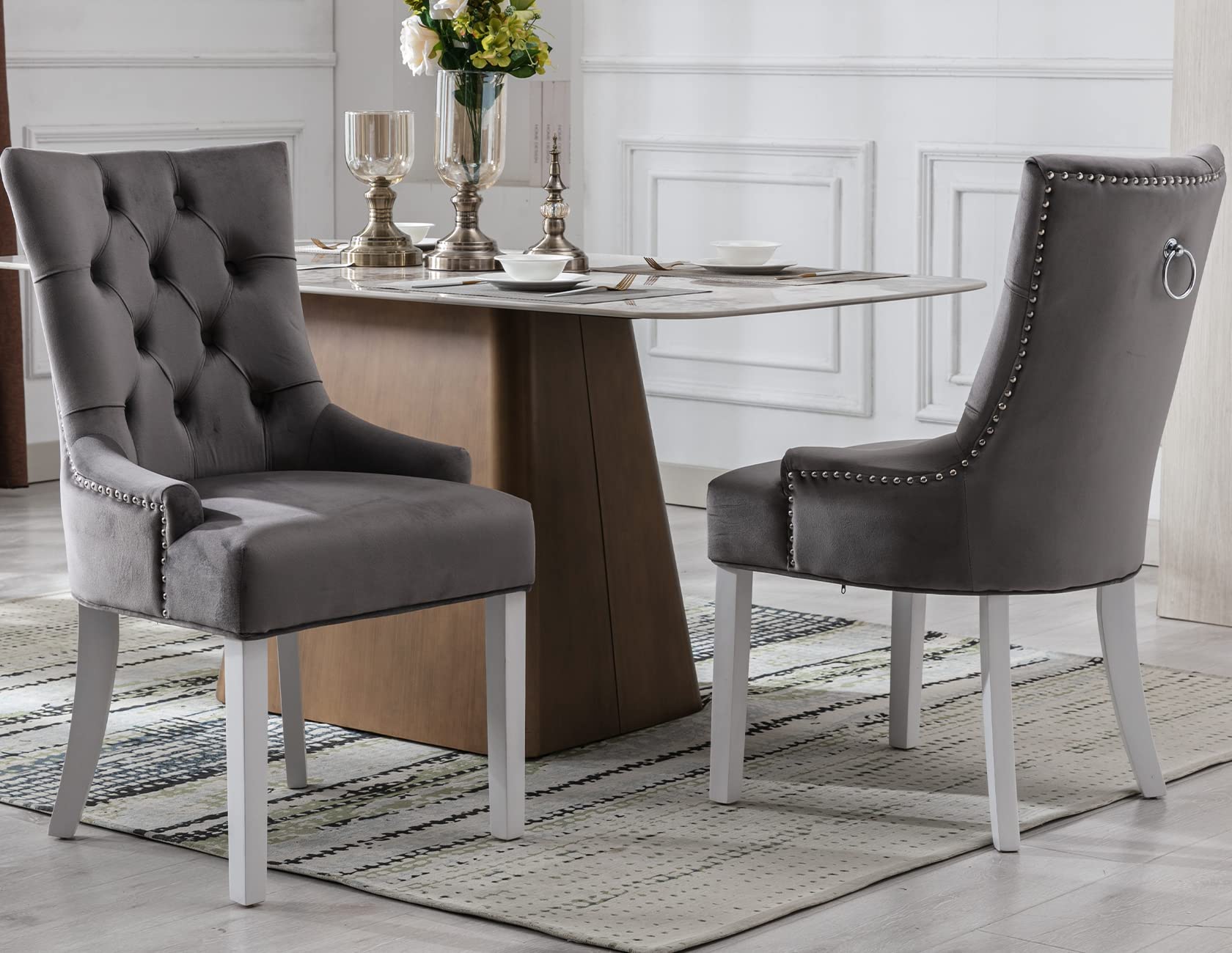 Kmax Velevt Dining Chairs Set of 2 Upholstered Side Chairs Mid Century Modern Accent Chairs with Button Tufted White Wood Legs for Dining Room Guest Room Restaurant, Dark Grey