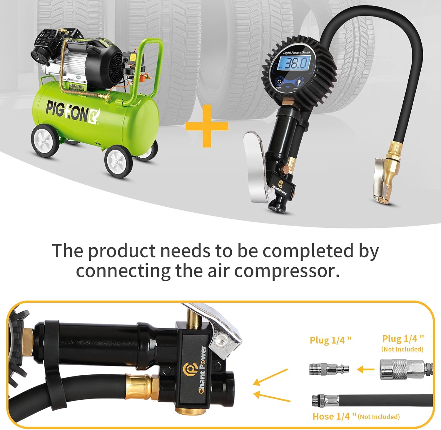 Digital Tire Pressure Gauge, 200 PSI LCD Display 0.5 Resolution with Rubber Hose and Quick Connect Coupler, C P CHANTPOWER : Automotive