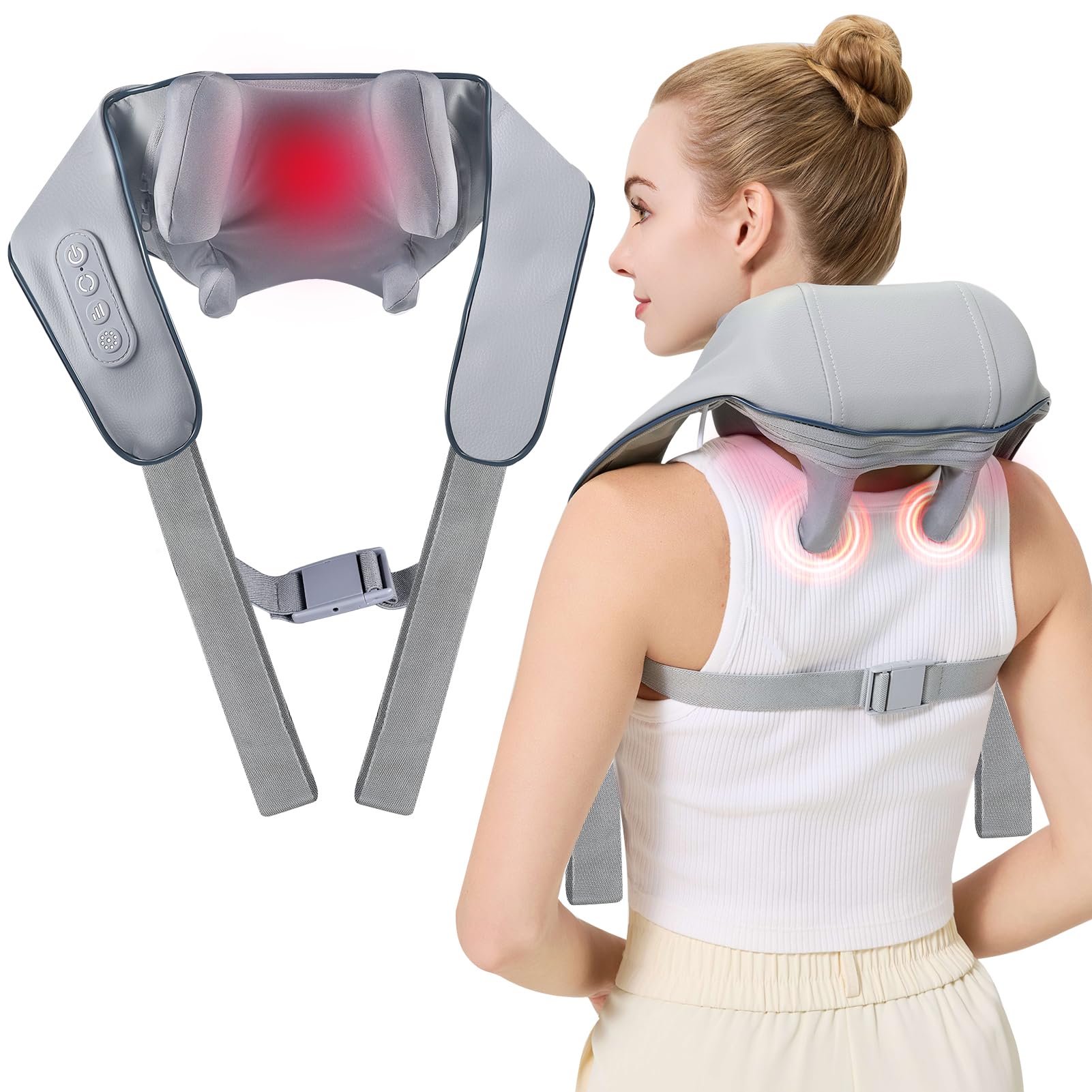 Photo 1 of 4D Wireless Deep Tissue Kneading Neck Massager with Heating Function, Shiatsu and Shoulder Massager Pillow,Back and Leg Pain Relief, Body Muscle Pain Relief, Perfect Gifts for Men Women. (Grey)
