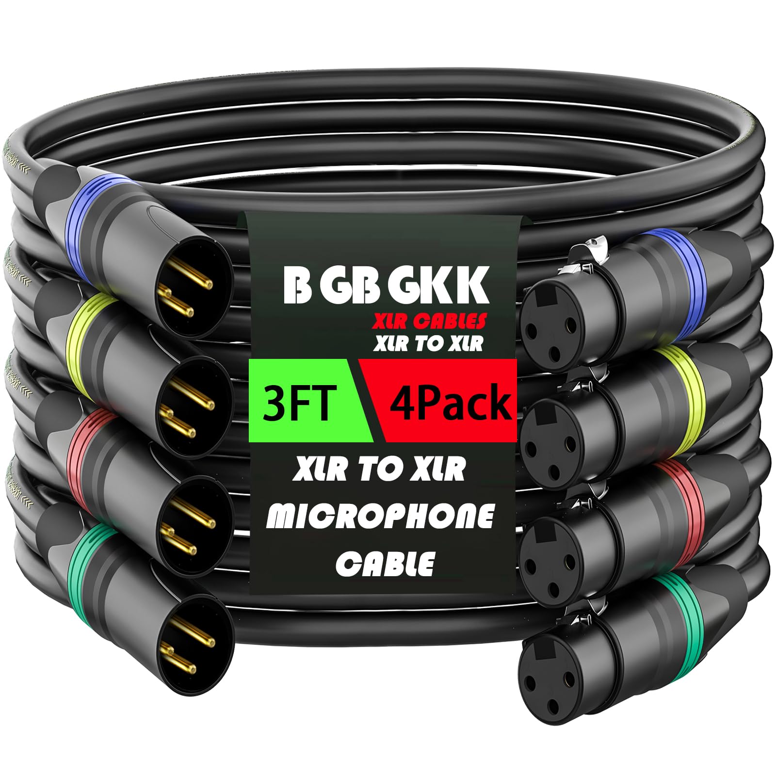 Cavi XLR da 0,9 m, confezione da 4 cavi professionali per microfono XLR, da maschio a femmina, placcati oro, 3 pin, cavi bilanciati per microfono, multicolore