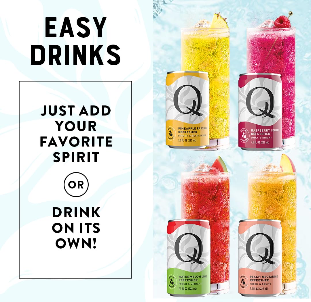 Q MIXERS Refreshers Sparkling Hydration Beverage Variety Pack (8PK) – 2 of Each Flavor: Pineapple Passion, Watermelon Lime, Raspberry Lemon & Peach Nectarine – Electrolytes + Vitamins, Mocktail & Cocktail Mixer - 7.5oz per Can