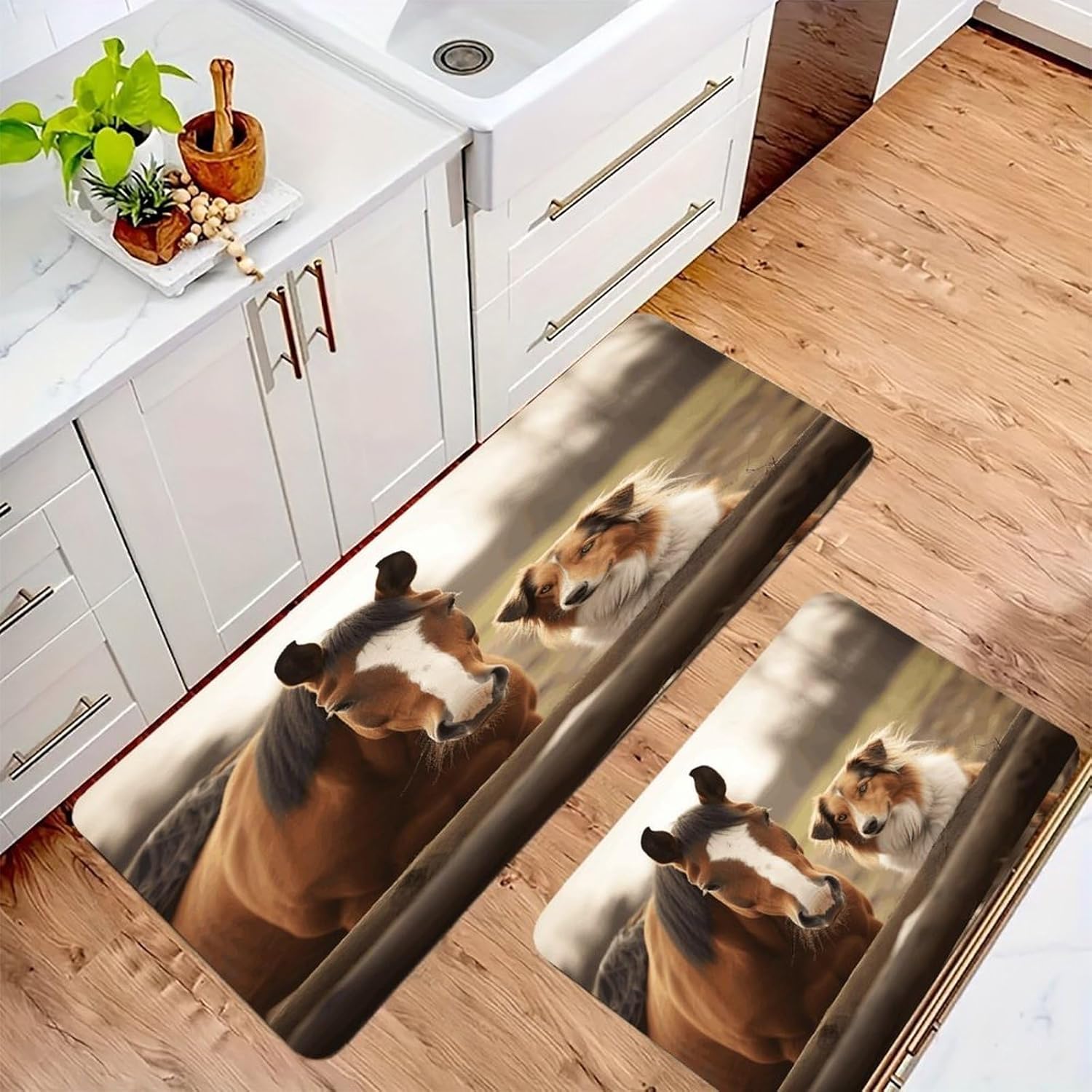 Collie Dog and Horse Together Kitchen Mat Washable Non Slip Rugs Soft Kitchen Mats for Floor Set of 2 PCS Cushioned Absorbent Runner Standing Rugs for Home Sink Laundry Office