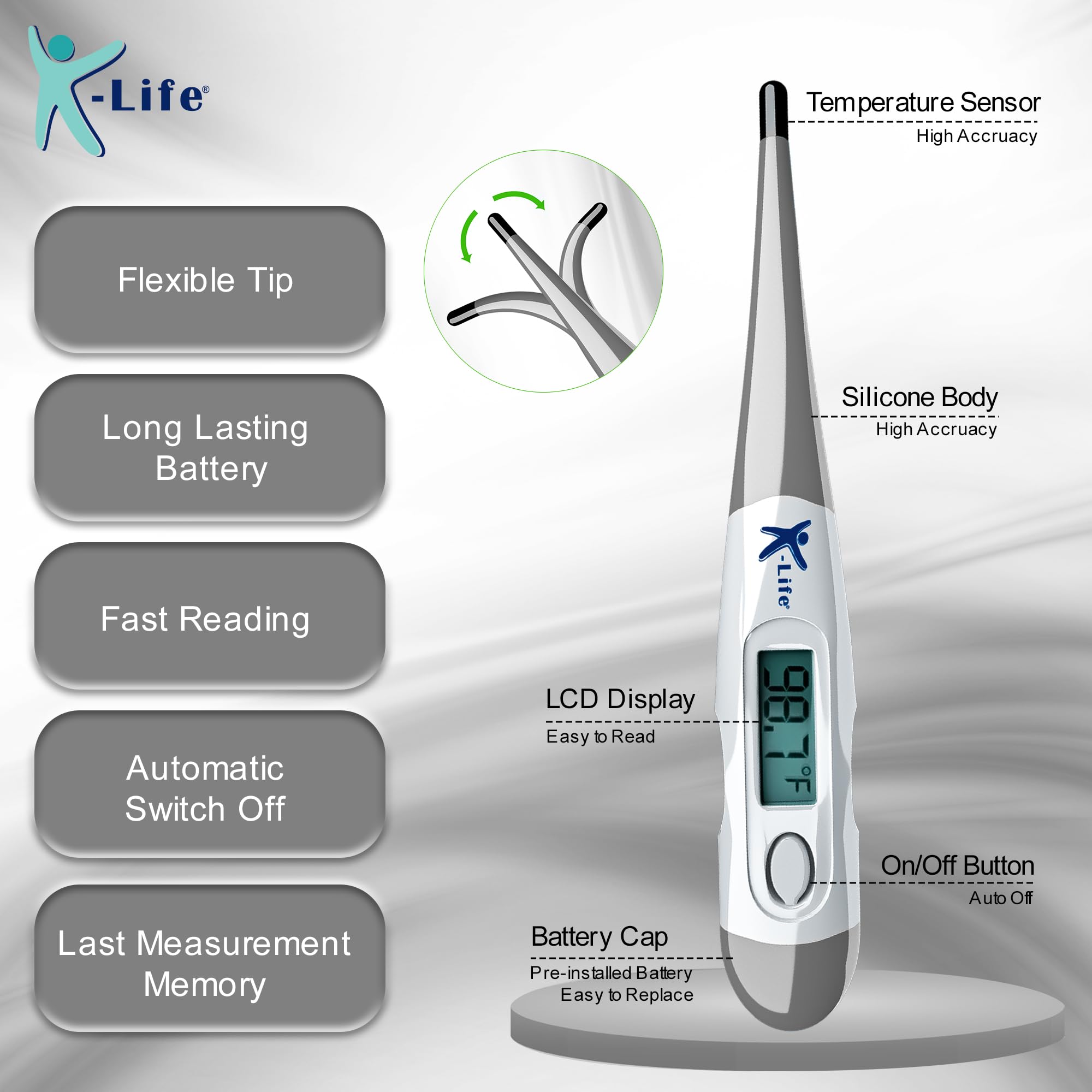K-Life Flexible Tip Digital Thermometer for Kids & Adults | FDT-101(Grey) 1