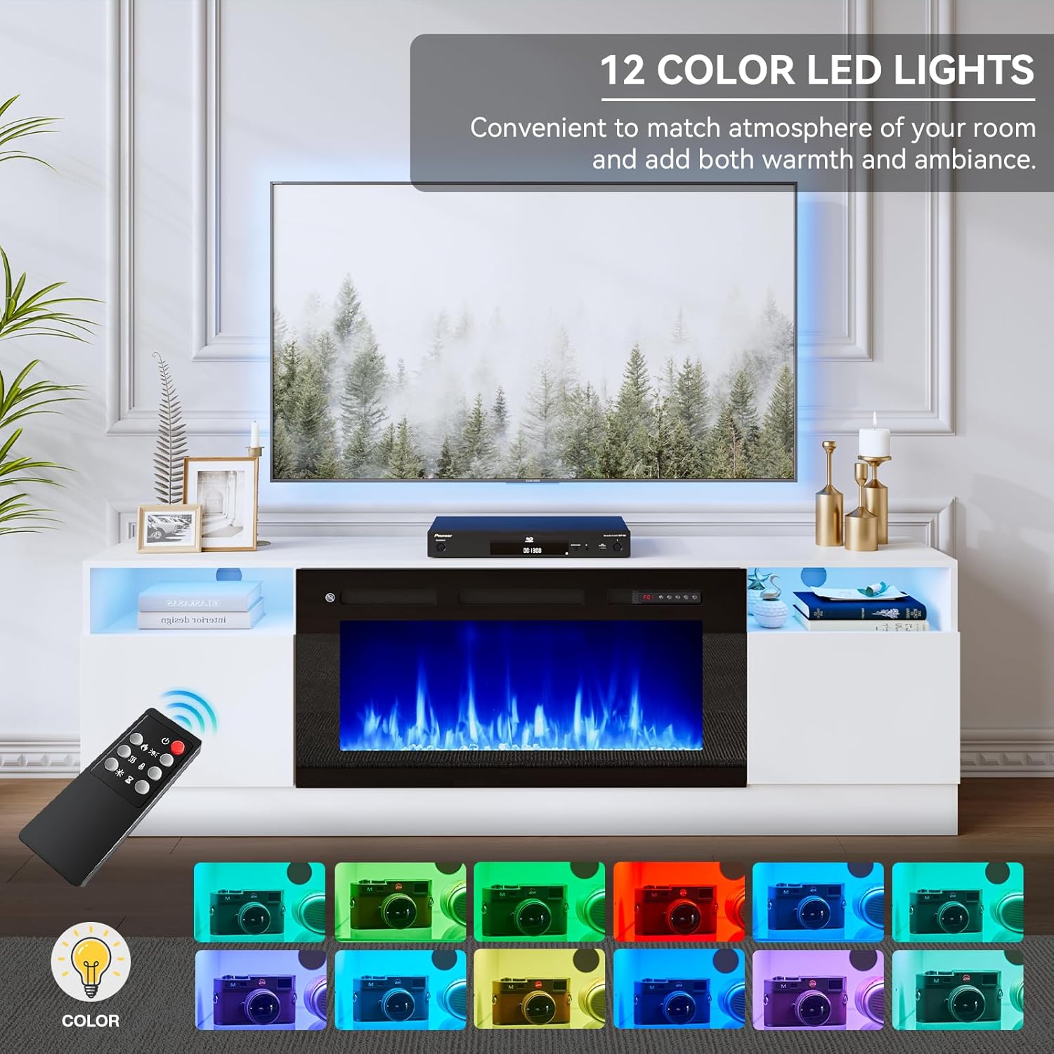oneinmil 70" TV Stand with 36" Electric Fireplace, Large Modern Media Entertainment Center with Storage Cabinet and 12 Colors LED Lights for TVs Up to 80", White and Black