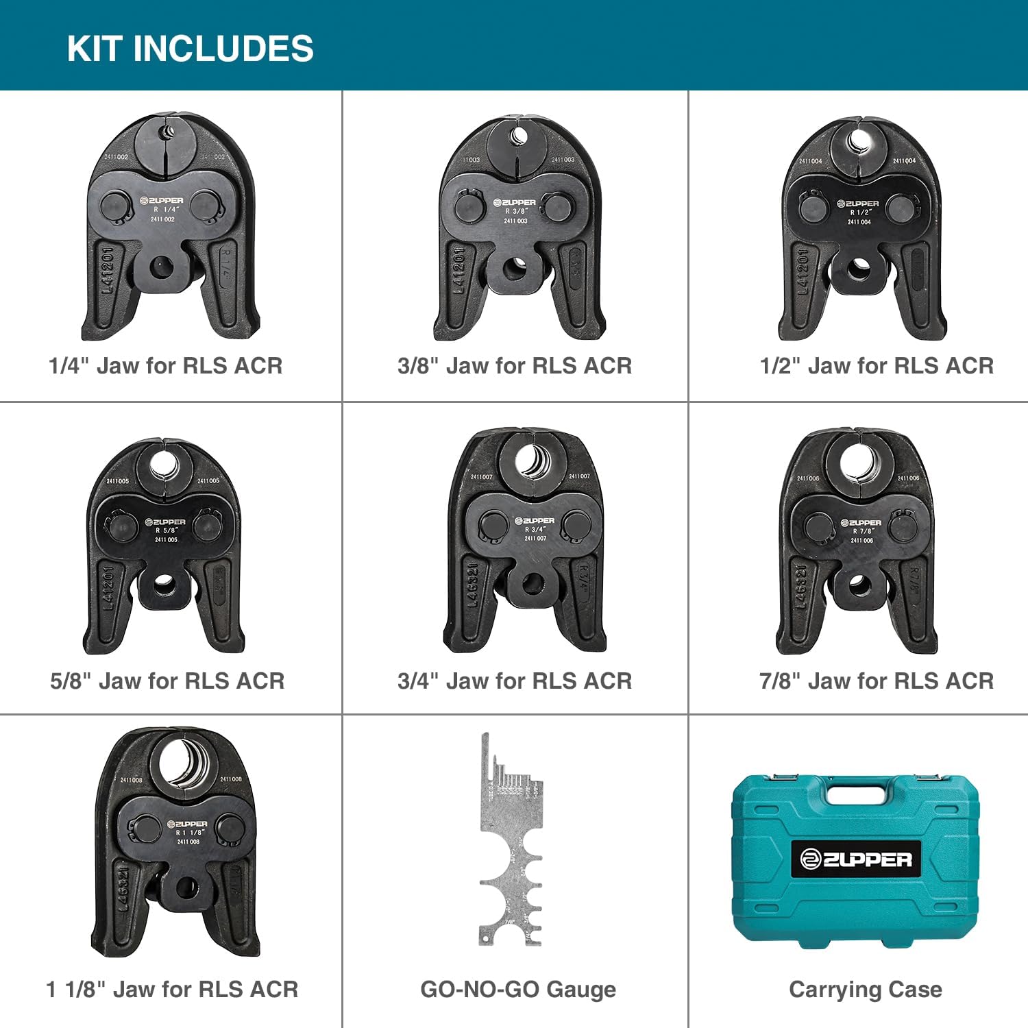 Standard Press Jaws, 7PCS Pressing Jaws Kit 1/4" to 1 1/8" Suitable for RLS press fittings ACR Copper Pipes, Compatible with Standard Press Tools (32 kN / 7,200 lbs) - with Carrying Case