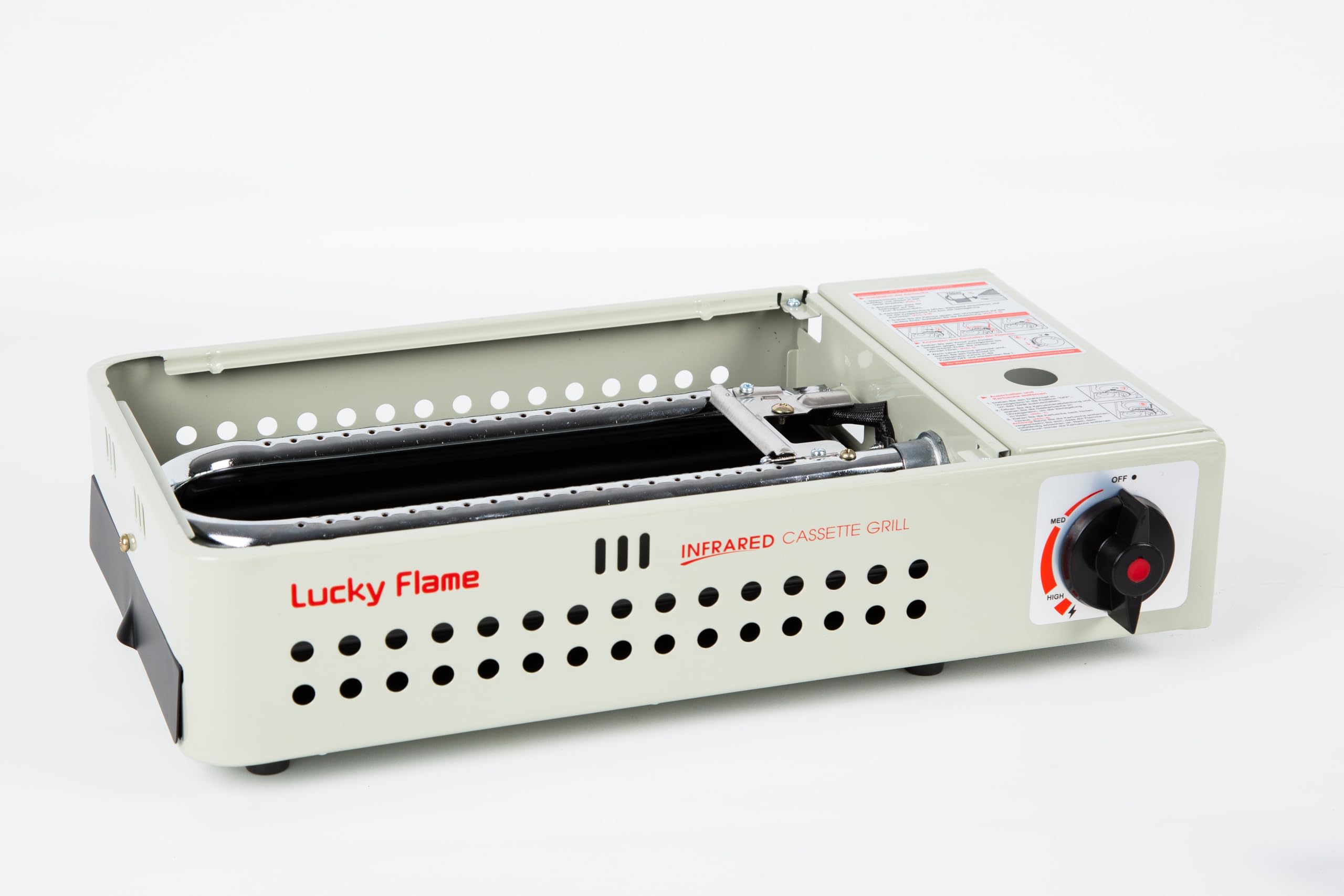 Lucky Flame LF-90G Gasgrill/Campinggrill für MSF-1A 227g Kartuschen mit Doppel-Brenner, Piezozündung und 3-Stufen-Flammenregelung