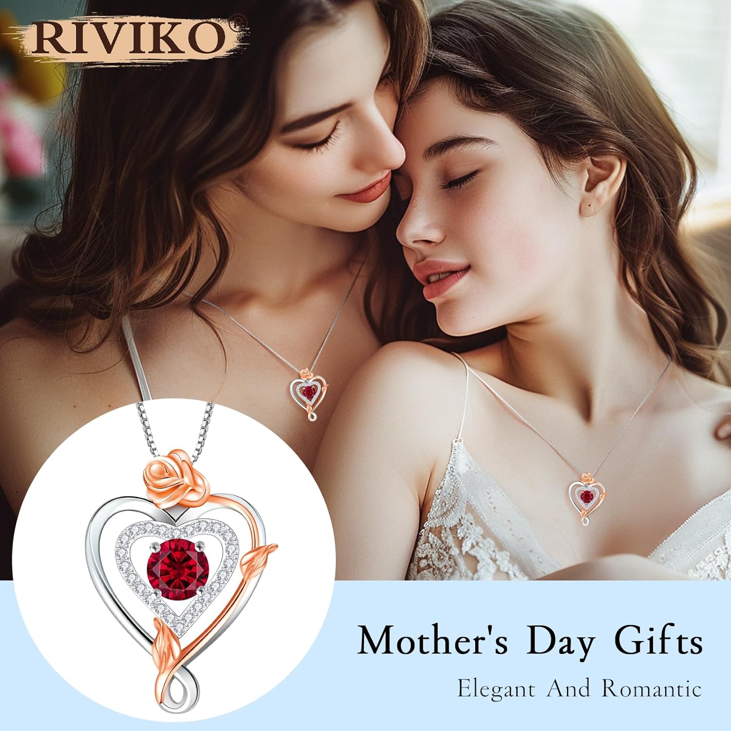 RIVIKO Infinity Heart Symbol Rose Birthstone Necklace for Women,925 Sterling Silver Heart Pendant Necklaces,Anniversary Valentines Jewelry Birthday Mothers Day Gifts for Mom Her Wife Women Girlfriend - Image 3