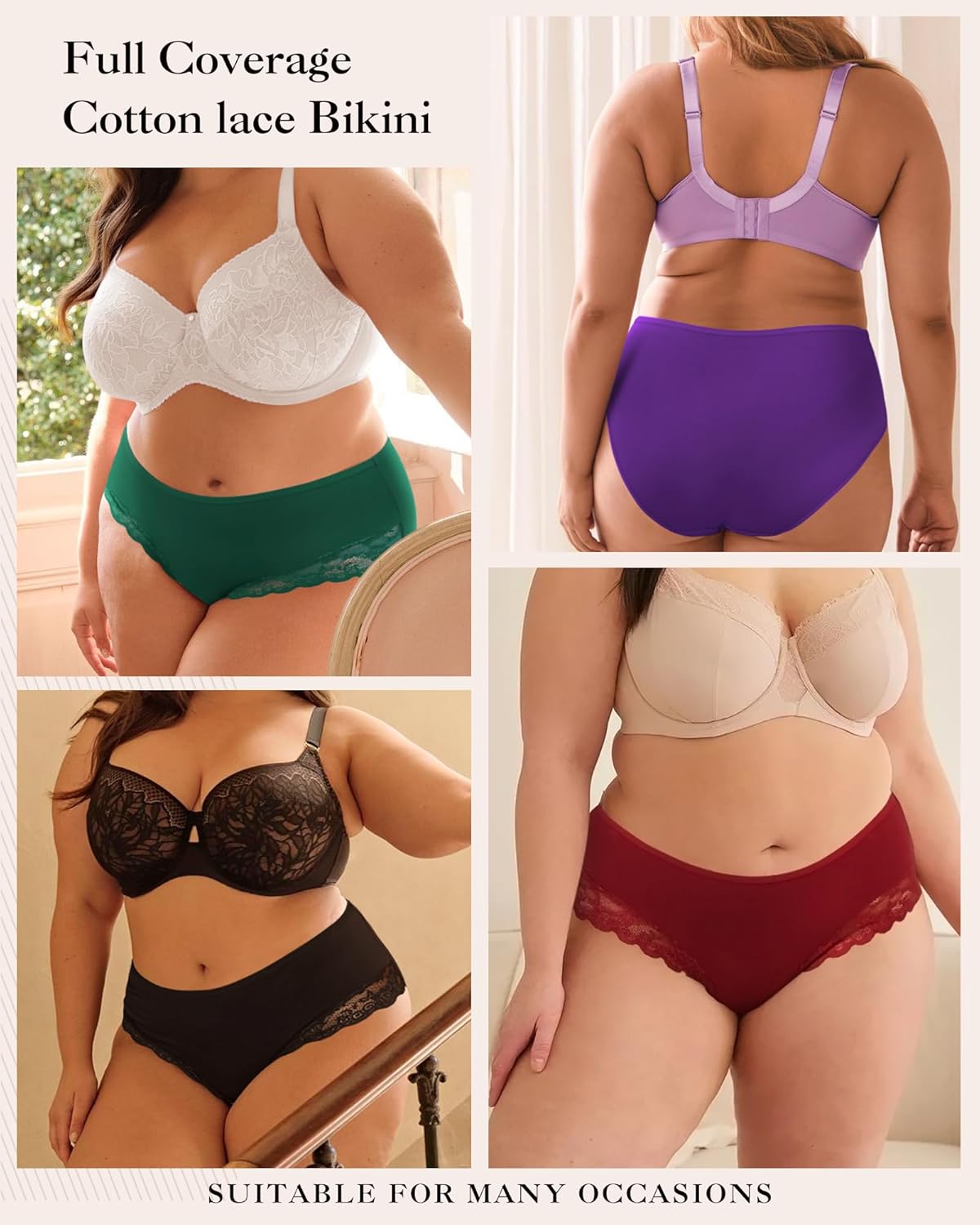 LEVAO Plus Size L-4XL Womens Underwear Cotton Cheeky Bikini Lace Hipster Panty Stretch Full Briefs 6 Pack - Image 5