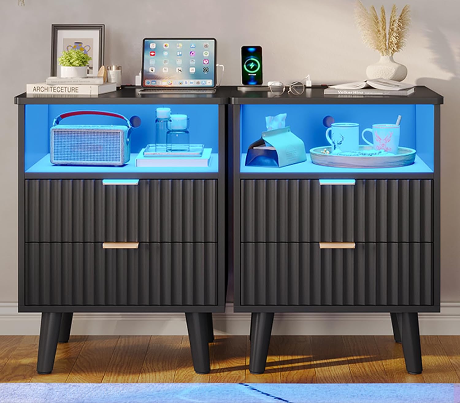 VIAGDO Fluted Nightstand with Charging Station and LED Lights, Modern Night Stand with 2 Drawers and Open Storage Cabinet, Bed Side Table with Gold Metal Handle for Bedroom, Black