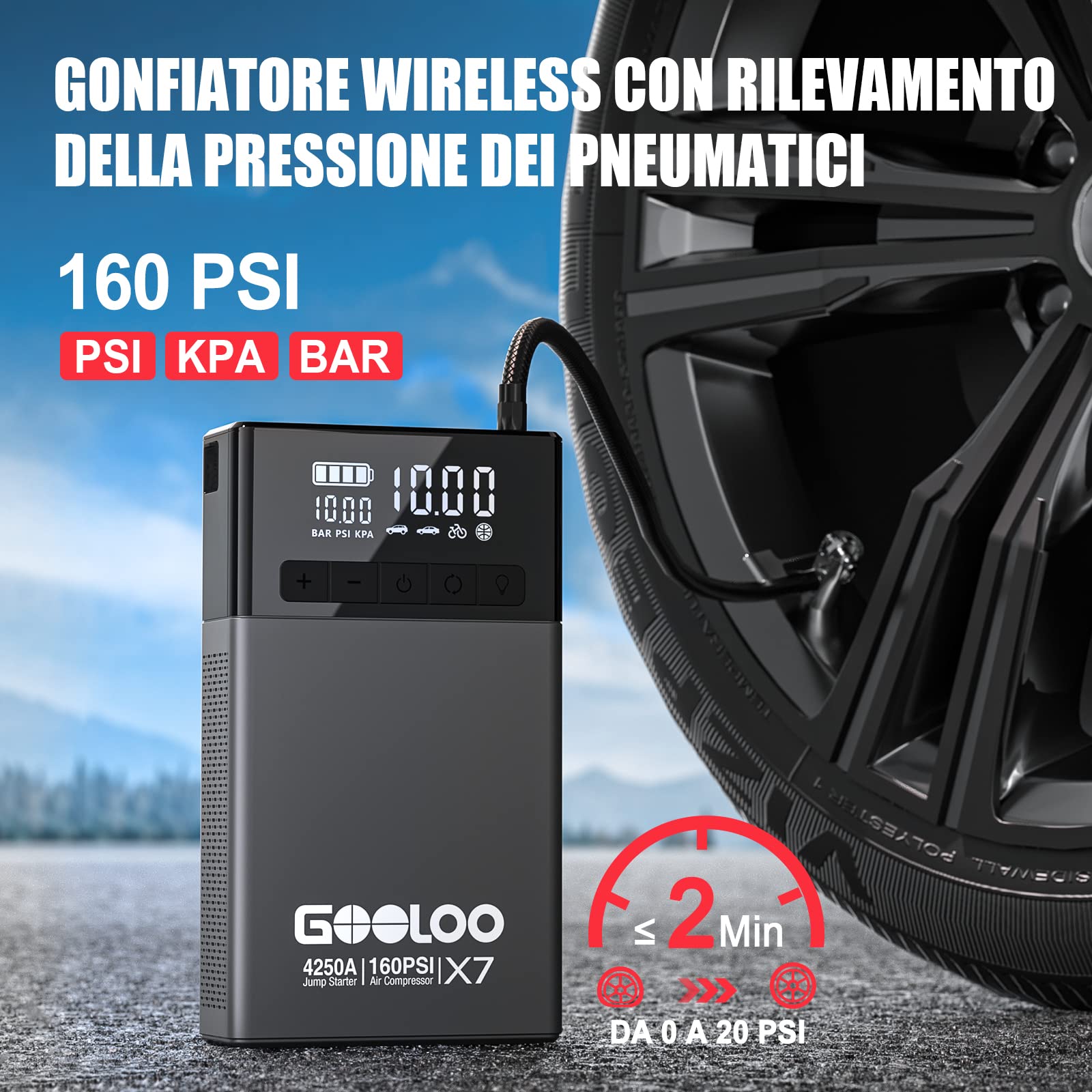 GOOLOO X7 4250A Avviatore Batteria Auto con Compressore d'Aria, Supersafe 12V Avviatore Emergenza per Auto con 160 PSI, Display LCD, Torcia LED, Adatto per Benzina da 10,0L e Diesel da 10,0L