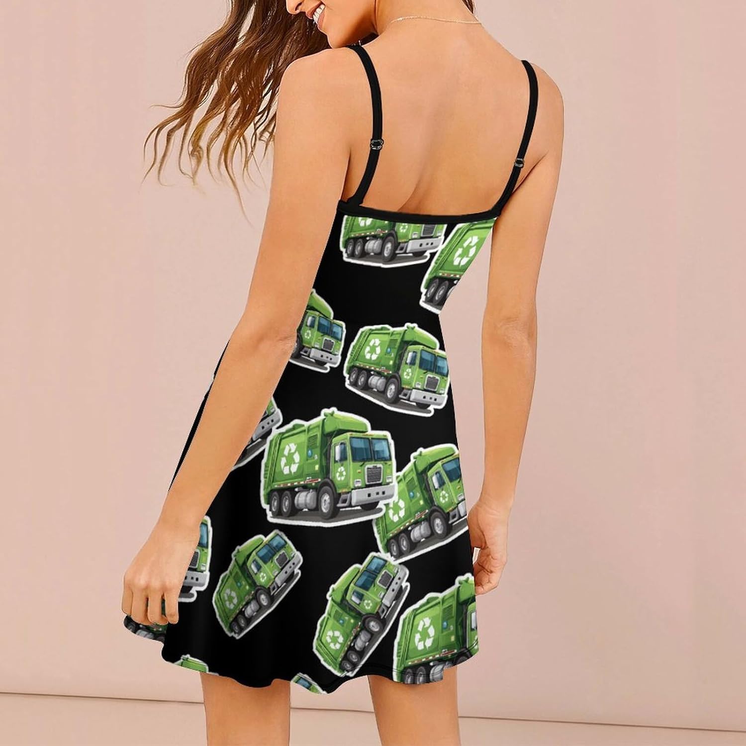 Garbage Truck Short Cami Dress for Women Adjustable Spaghetti Strap Flowy Sundress Beach Vacation
