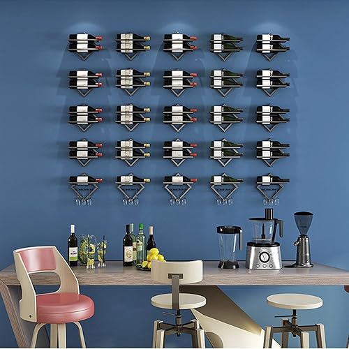 Miniatura 2 de Paquete de 2 estantes de metal para vino montado en la pared, estante para botellas de vino y colgador de copas, estante de almacenamiento de vino,