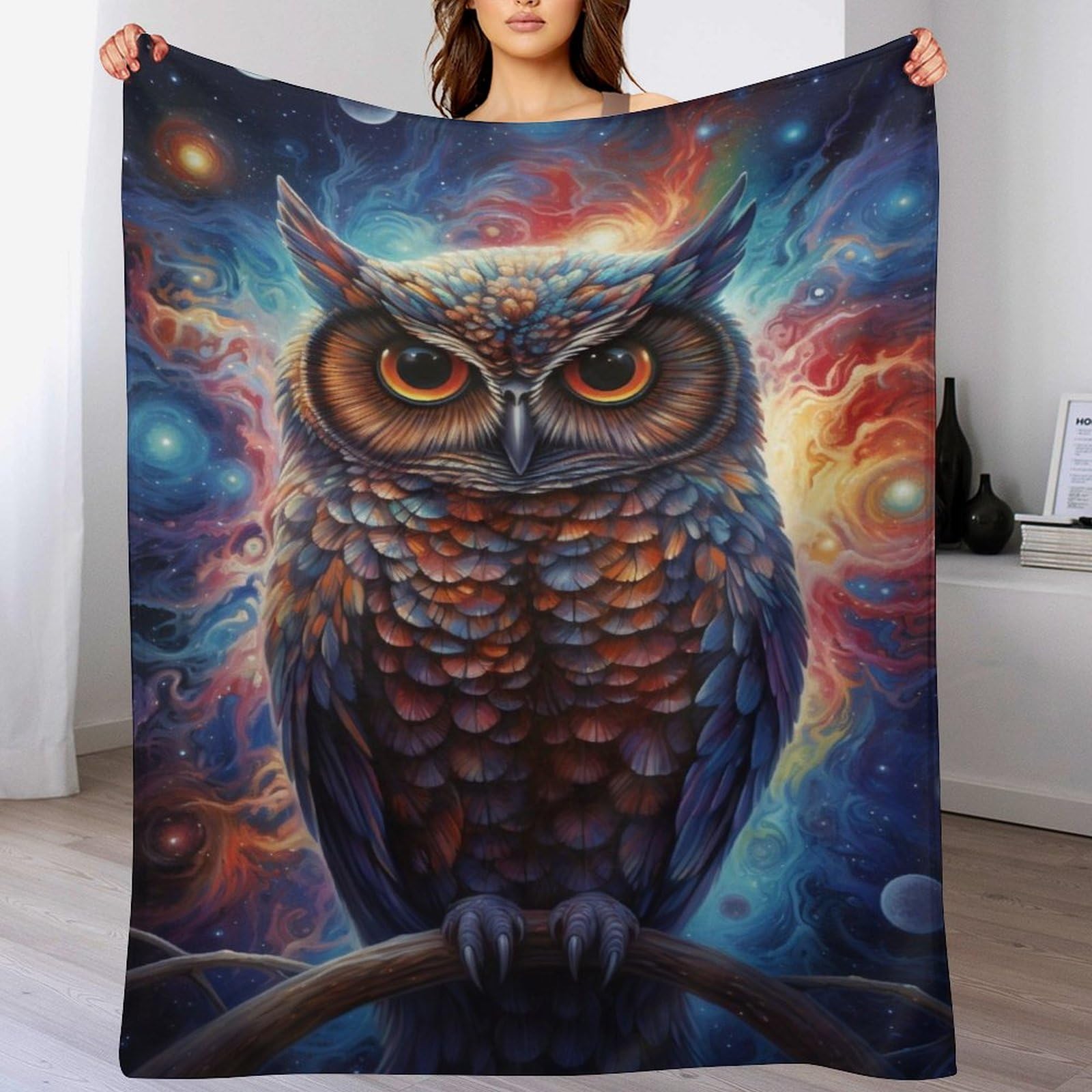 Couverture flannel polaire thermique et douce motif hibou pour grand canapé
