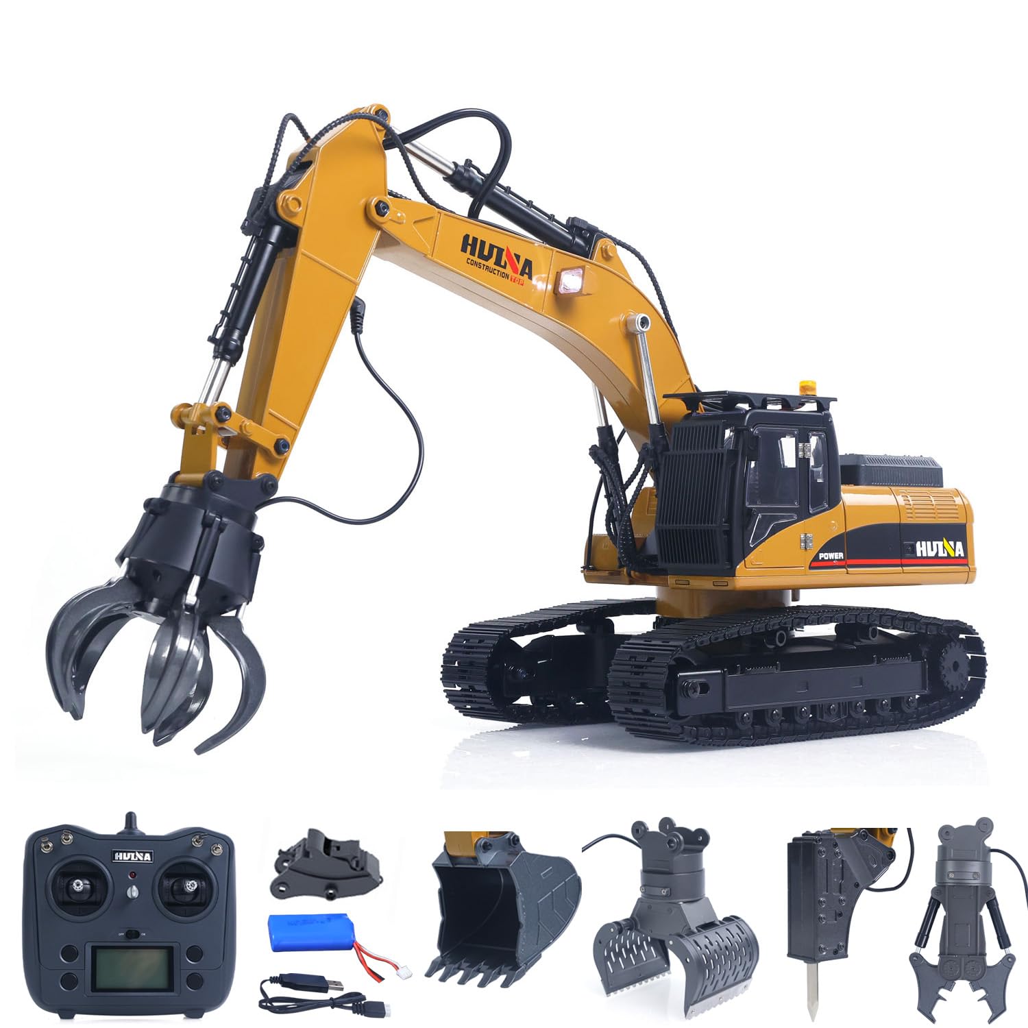 TOUCAN RC HOBBY HUINA 1:14 Metall-Schraubenantrieb Bagger Upgrade Edition 580 Modell mit Beleuchtung, Soundeffekten, Metallschaufel, Brecher, Drehschere, manuellem Schnellwechselkopf