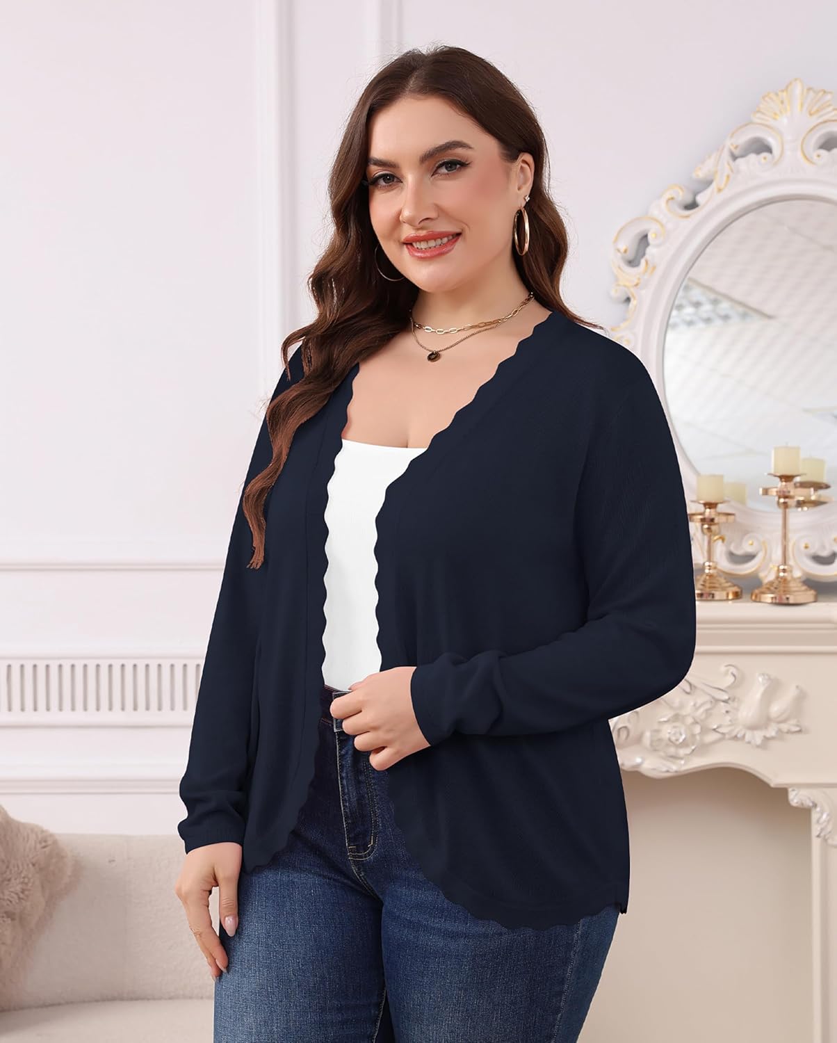 TIANZHU Women's Plus Size Cardigan Open Front Long Sleeve V-Neck Lightweight Cropped Knit Sweater XL-4XL - Image 3