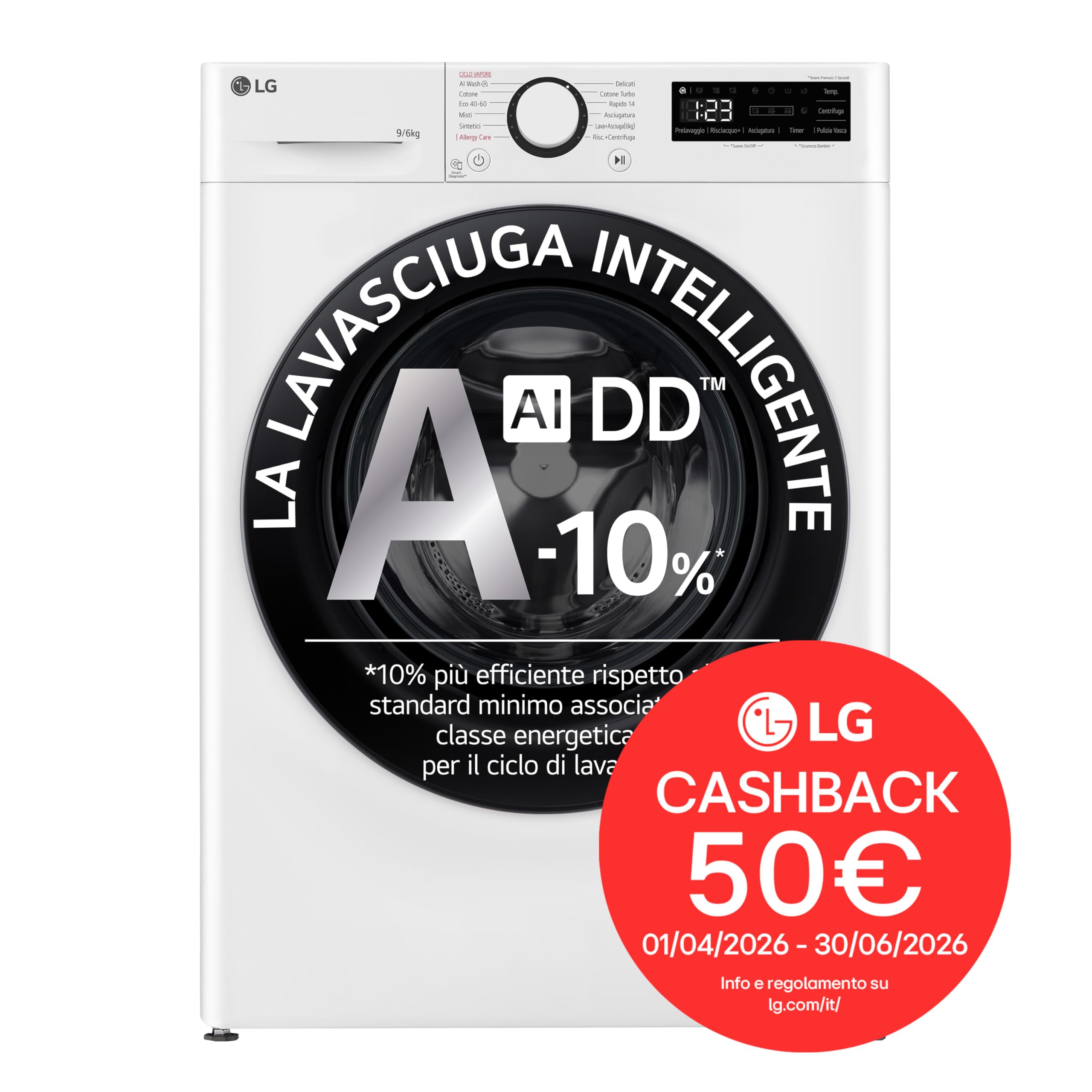 LG AI DD D4R3009NSWB Lavasciuga 9 / 6kg Serie R3 Classe A-10%/D, Lavatrice e Asciugatrice Insieme, 1400 giri, Lavaggio a Vapore, Eco Hybrid, Allergy Care, Motore Inverter Direct Drive, Bianca