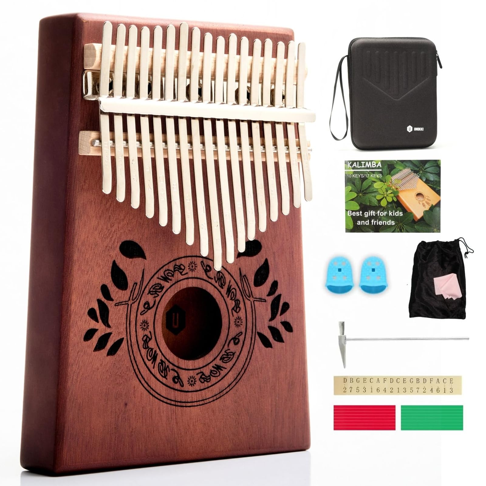 UNOKKI Kalimba Thumb Piano, Portable Mahogany Mbira Finger Piano with Instruction, Case, Tune Hammer, Chocolate Brown - Kalimba Instrument for Kids - 17 Key Instrument
