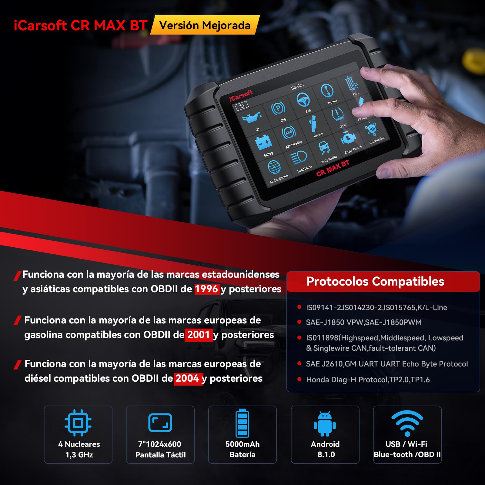 iCarsoft CR MAX BT OBD2 Máquina Diagnosis Coche Multimarca, Bidireccional Escáner de Todo el Sistema, 49 Funciones Reinicio, Codificación de ECU, CANFD, Vin Automático, 2 Adaptadores Incluidos