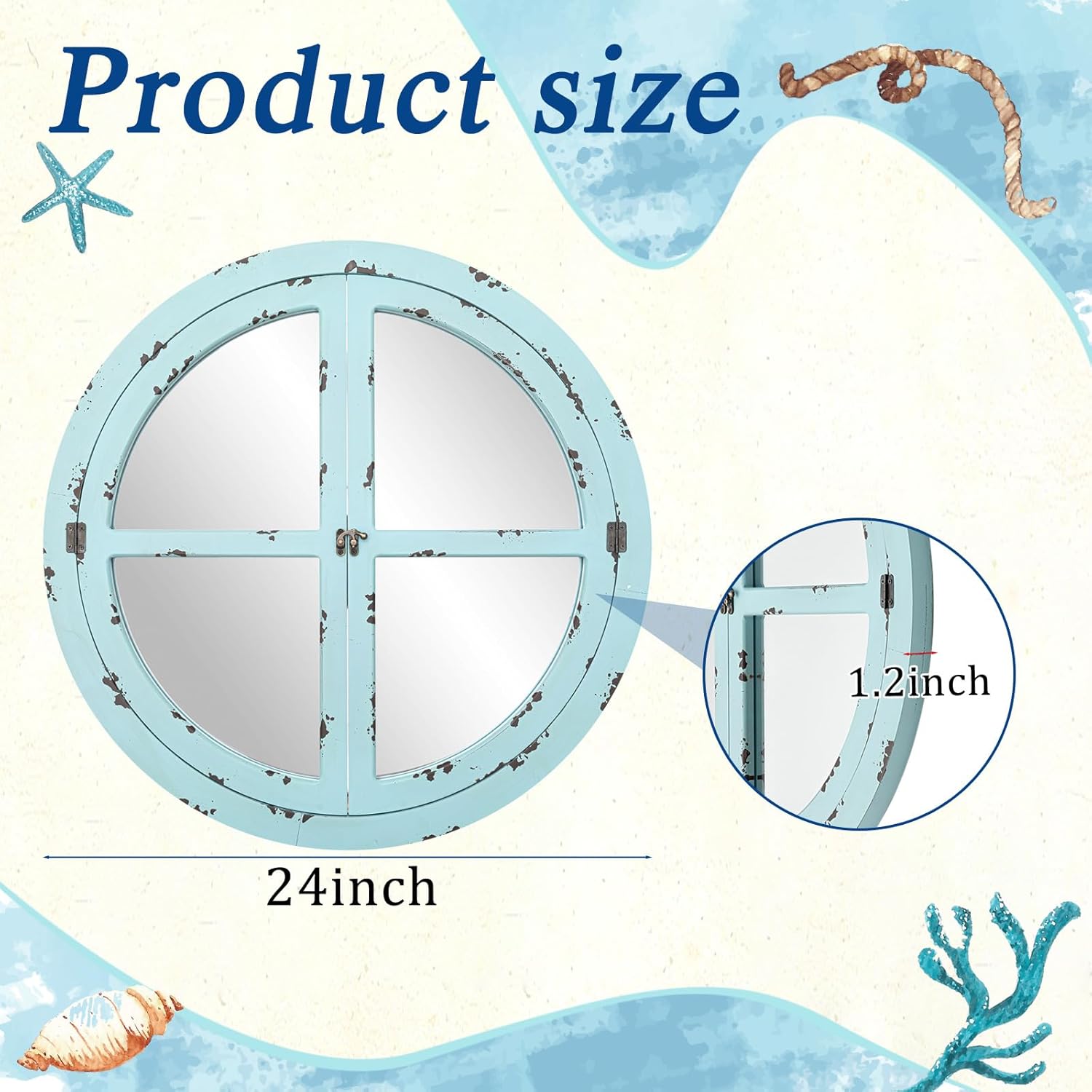 24 Inch Coastal Window Pane Mirror with Distressed Blue Wood Frame, Vintage Sea Green Round Mirror, Nautical Themed Wall Decor for Living Room, Entryway, Dining Room, Farmhouse Bathroom Decor