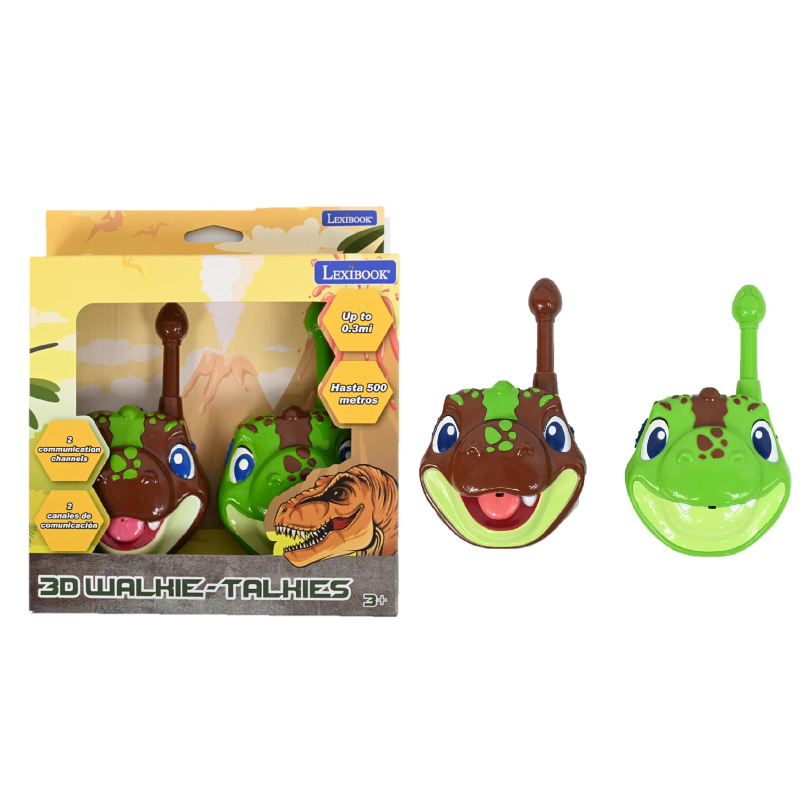 Lexibook, Dinosaur, Dinosaur 3D walkie-talkies, 500m Range, 2 Communication Channels, Belt Clip, Grey/Brown, TW18DINO
