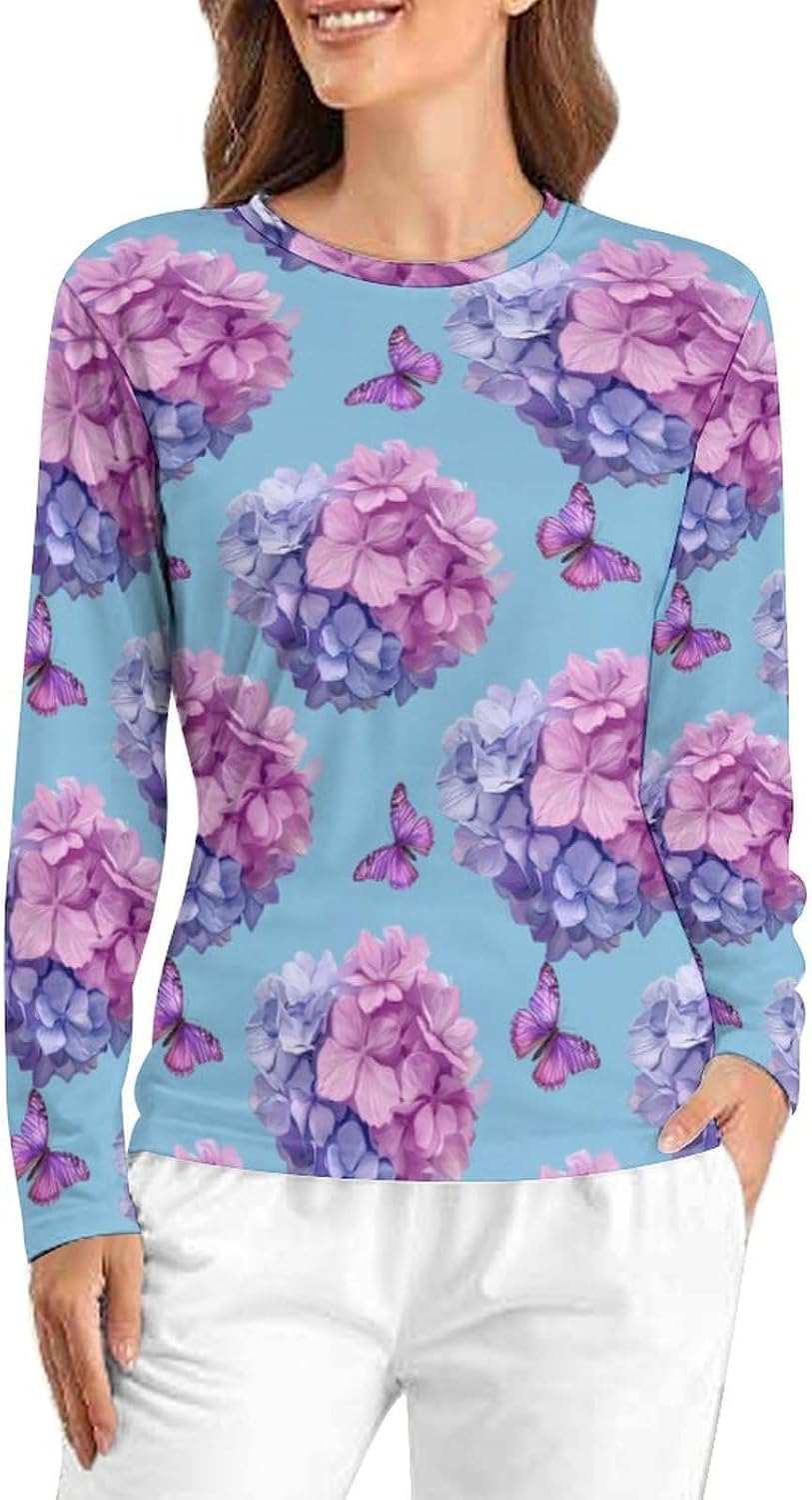 Purple Hydrangeas Butterfly Women's Pajama Top Sleepwear Pajamas Sleep T-Shirt Long Sleeve Shirt Crewneck Tee