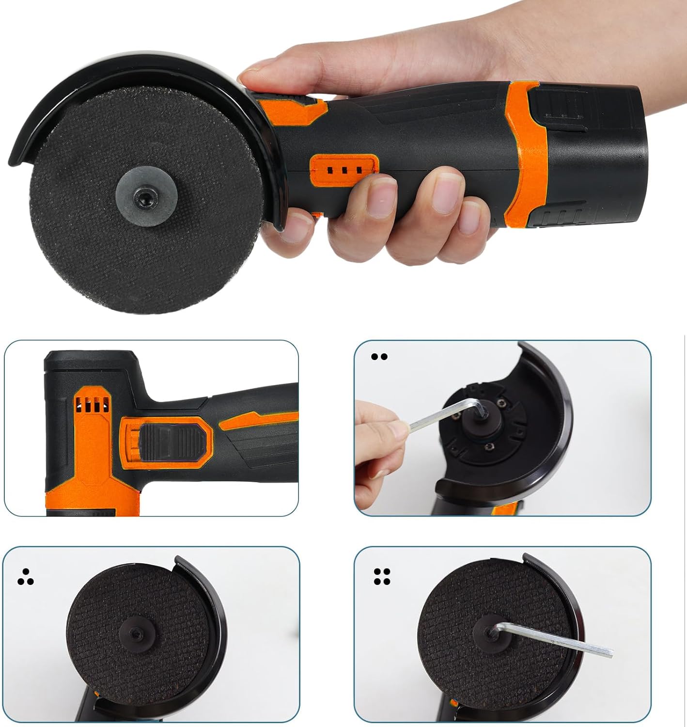 Steps for installing a cutting disc on the Weytoll angle grinder, showing the spindle lock and wrench use.
