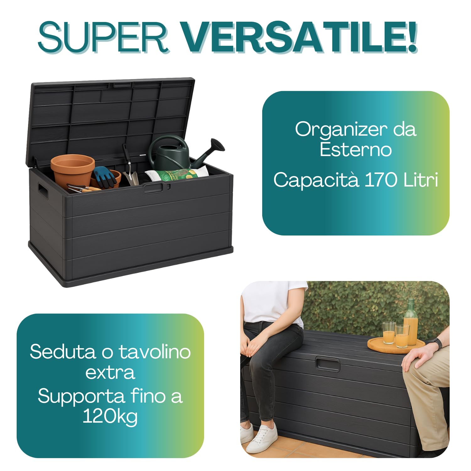PALUPLUS Baule da Giardino, misura 78x55x52 cm, Cassapanca Effetto Legno Antracite, Impermeabile, Chiusura Lucchettabile, Contenitore da Esterno, Capacità 170 Litri -BET06F