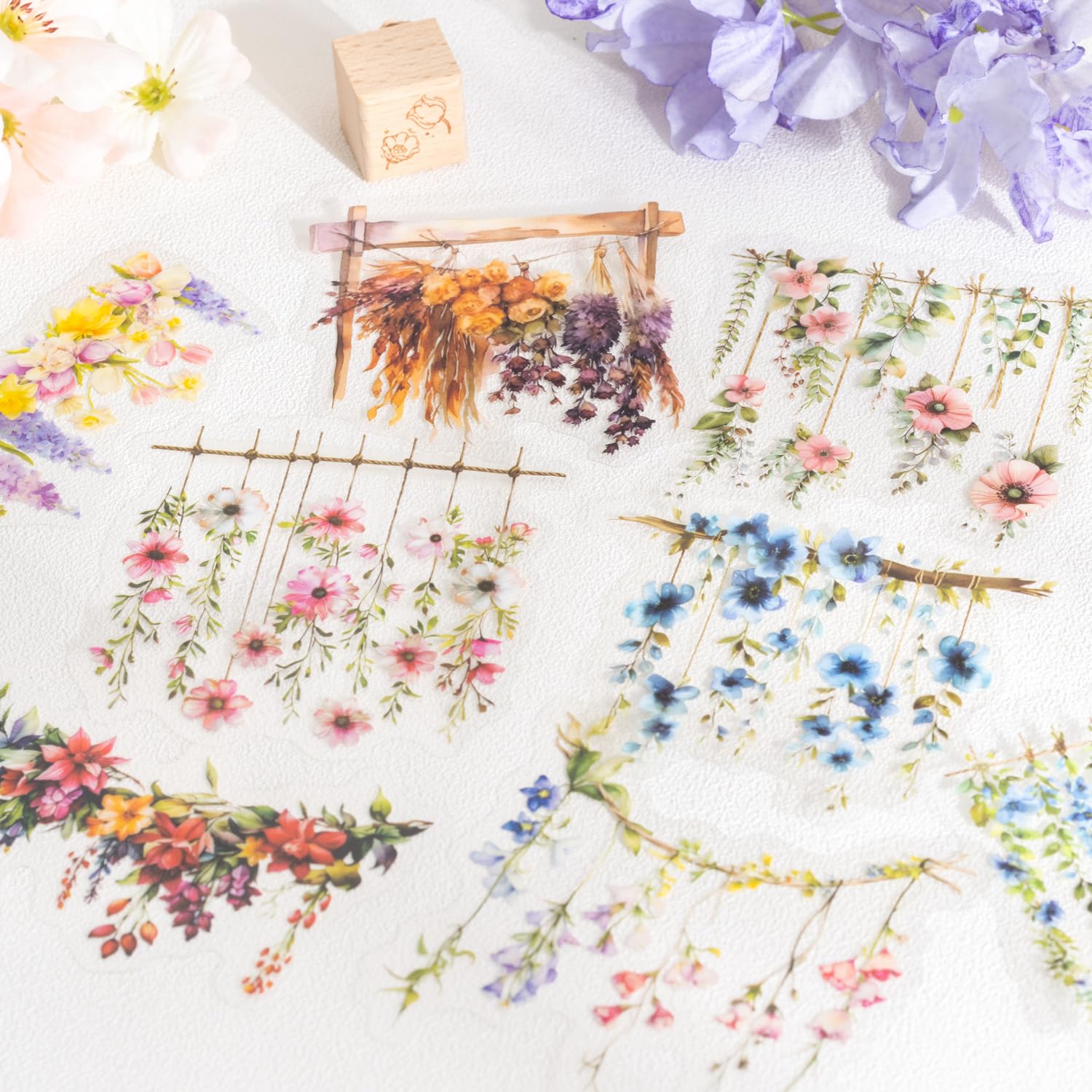 Zestaw wiszących kwiatowych naklejek PET, 60 szt., botaniczne naklejki kwiatowe do scrapbookingu, dziennika, majsterkowania i materiałów artystycznych