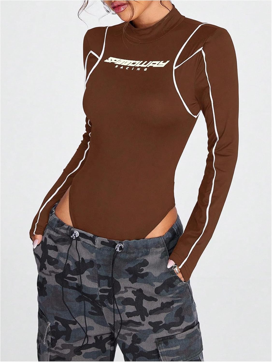 SweatyRocks Women's Mock Neck Long Sleeve Bodysuit Letter Print Body Suits Leotard Thong Bodysuits - Image 4