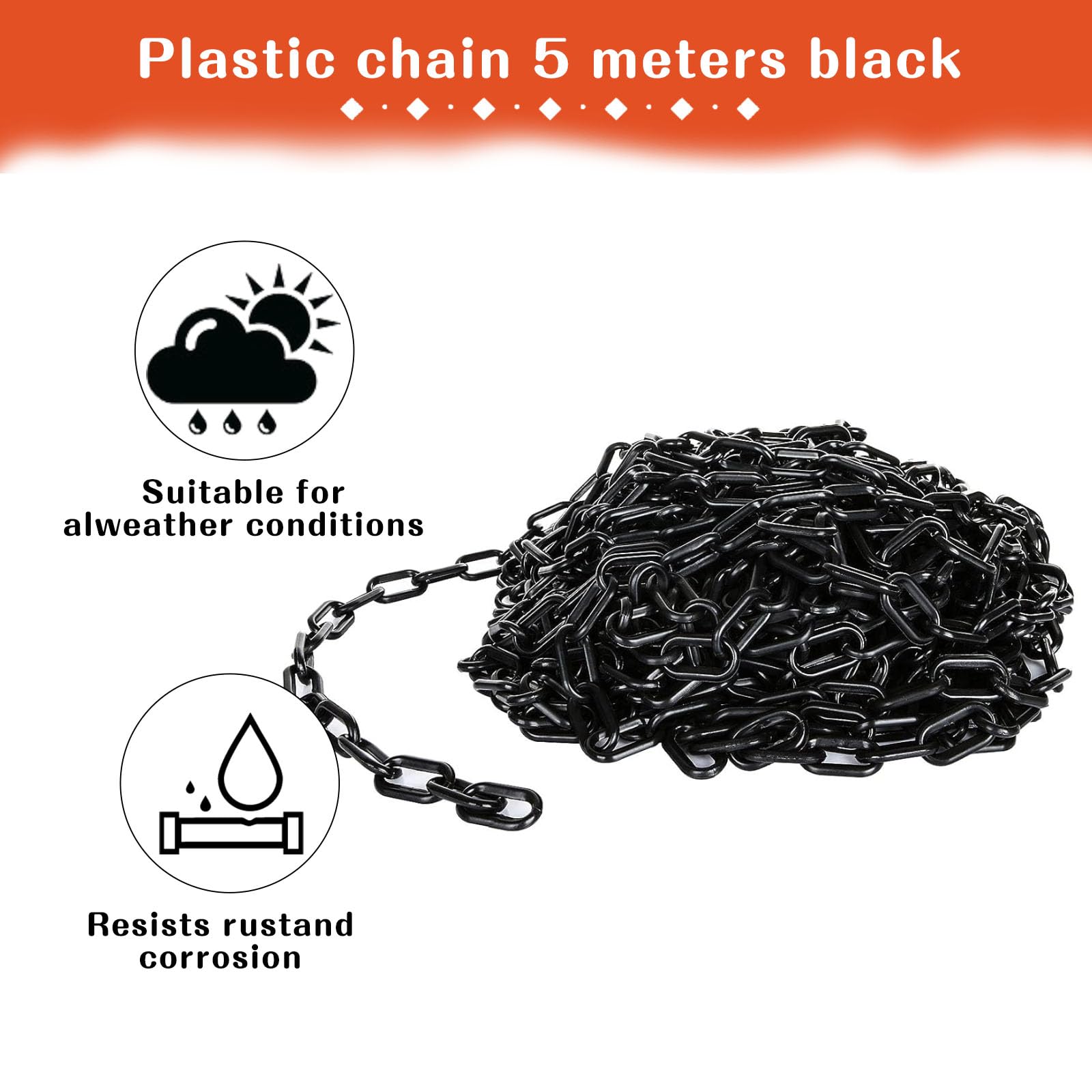 Catena di Sicurezza in Plastica - Filo Metallico da 5M x 6mm per Recinzione e Controllo del Traffico, Nero