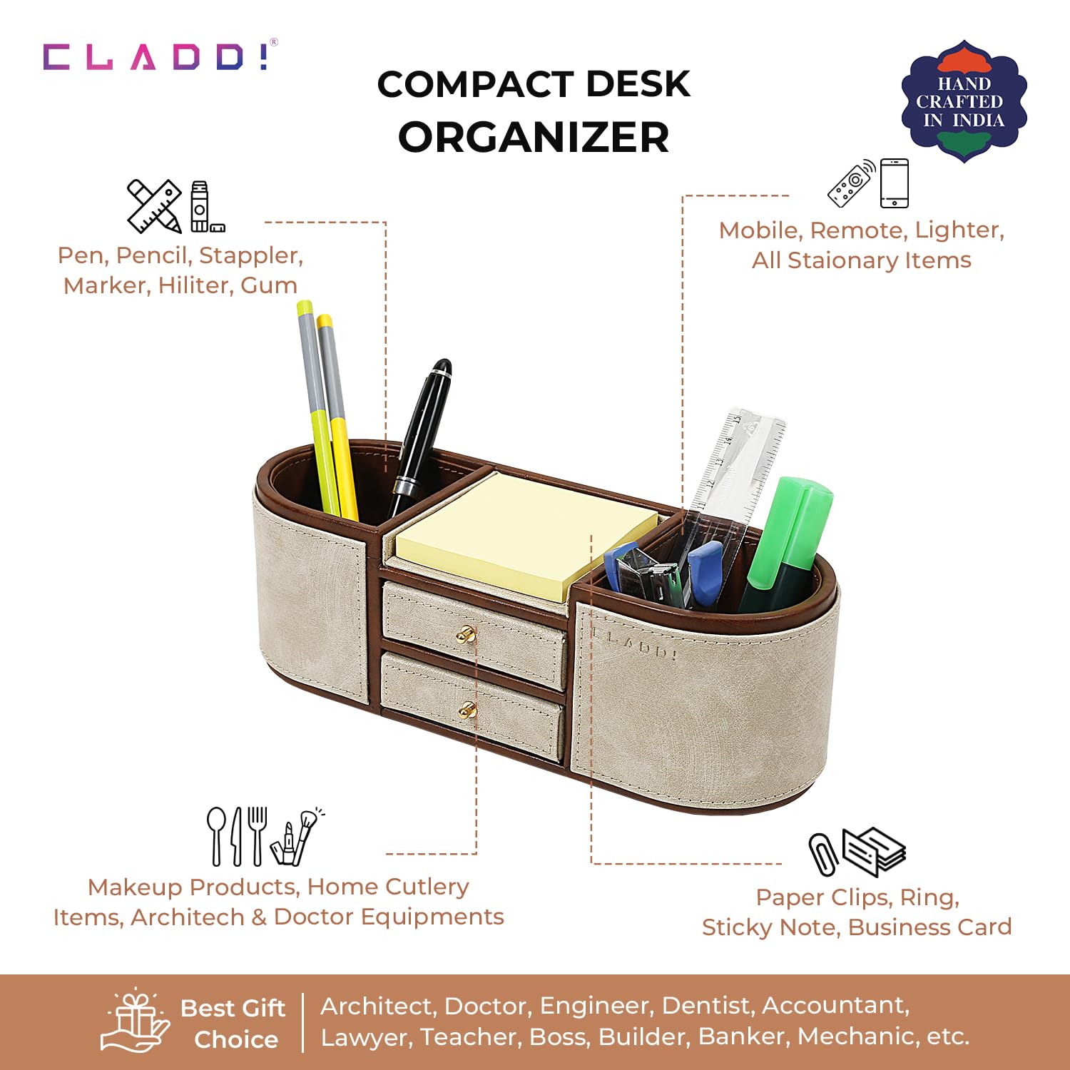 CLADD! Organizador de escritorio de cuero vegano para suministros de papelería, ideal para uso en el hogar, oficina, cocina, maquillaje (crema)
