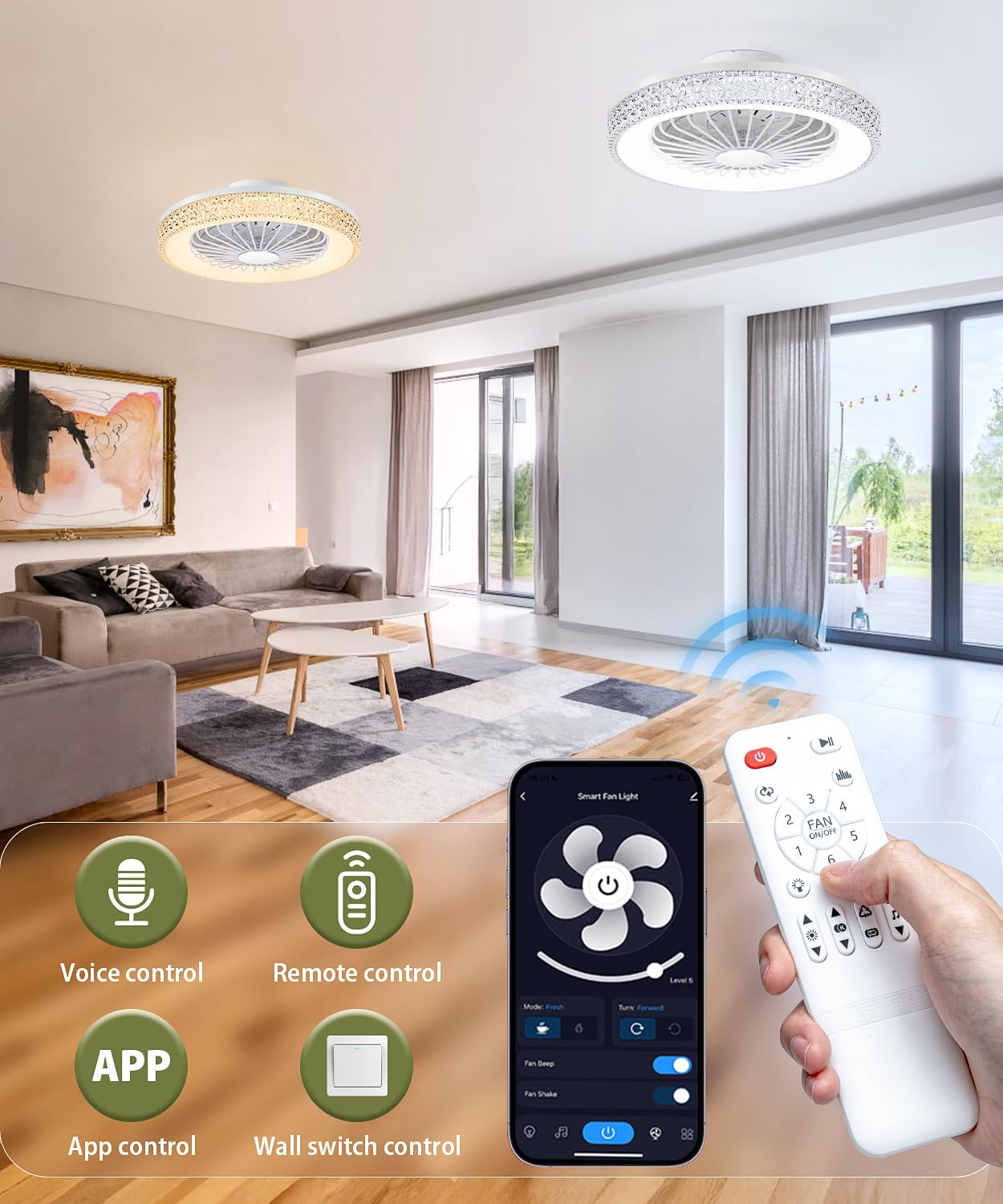 2-in-1 Low Profile Ceiling Fan with Light, 20” Caged Safety Design for Kids - RGB, CCT, Smart APP/Remote Control, Quiet Flush Mount DC Motor, Ideal for Bedroom/Living Room/Kitchen, Plastic Crystal