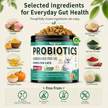 Cat Probiotics Chews 500 Count, Omega 3 Fish Oil Skin Coat Gut Support