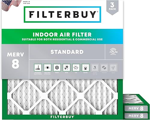 Filterbuy Filtro de aire 22 x 22 x 1 pulgada MERV 8, protección contra el polvo (paquete de 3), plisados, HVAC para calderas, calefacción, CA