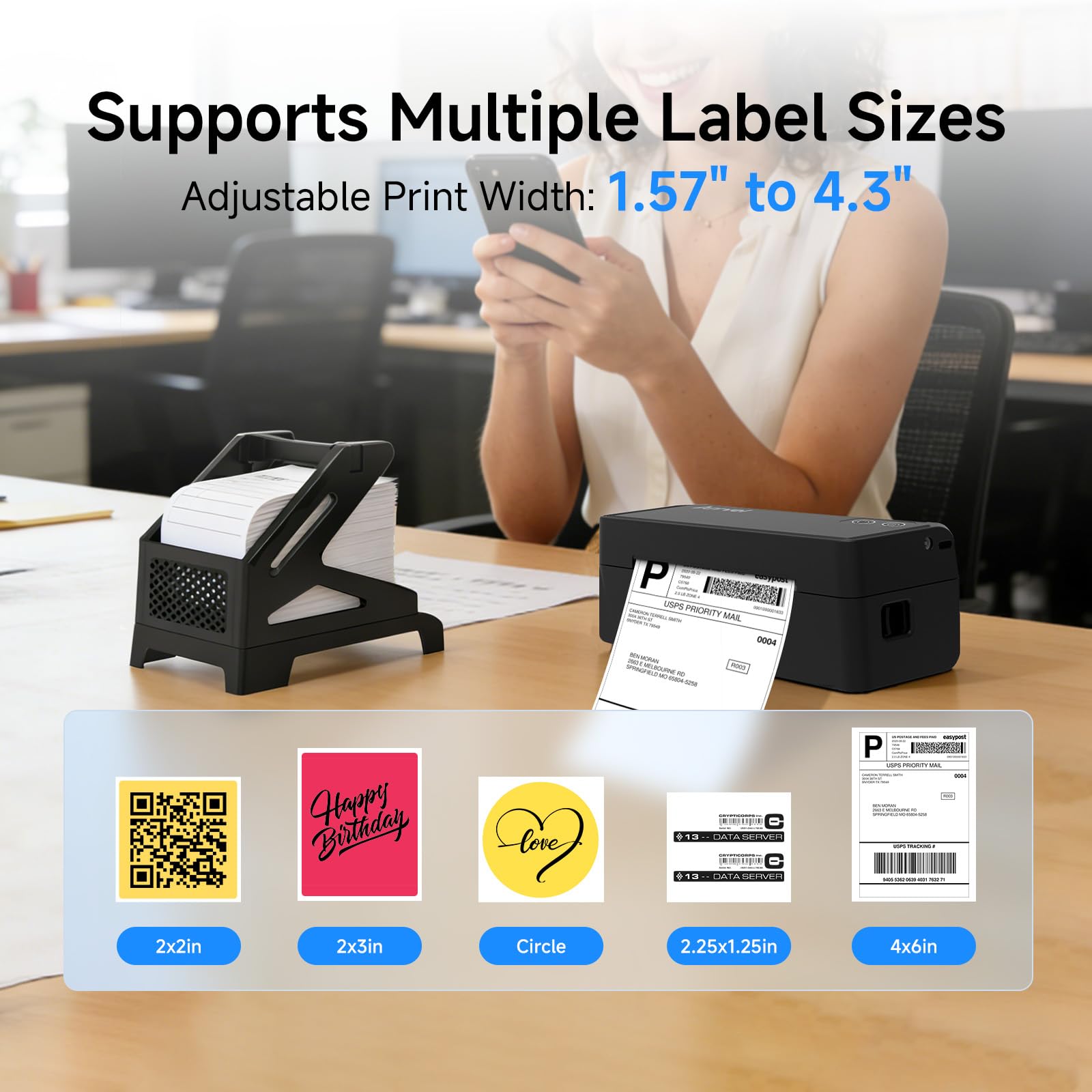 Stampante termica Bluetooth per etichette con supporto, stampante wireless per etichette di spedizione 4x6 per piccole imprese, supporta iPhone, Android Windows e Mac, ampiamente utilizzata per