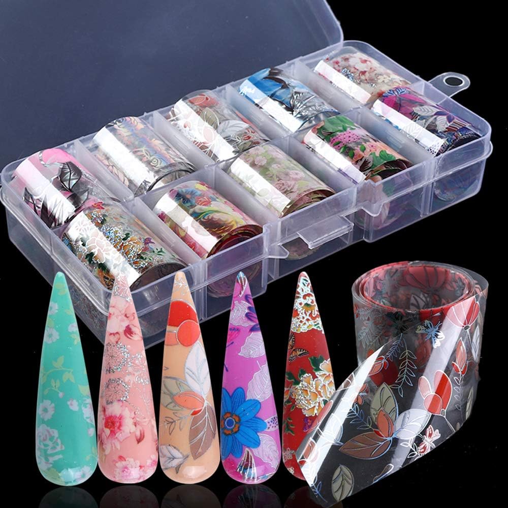 Macute Nail Foil Transfer Stickers Nail Art Supplies Foil Transfers 10 Rolls Flowers Starry Sky Nail Decals Manicure Tips Wraps Nail Art Decorations for Women Fingernails Toenails DIY Beauty Designs